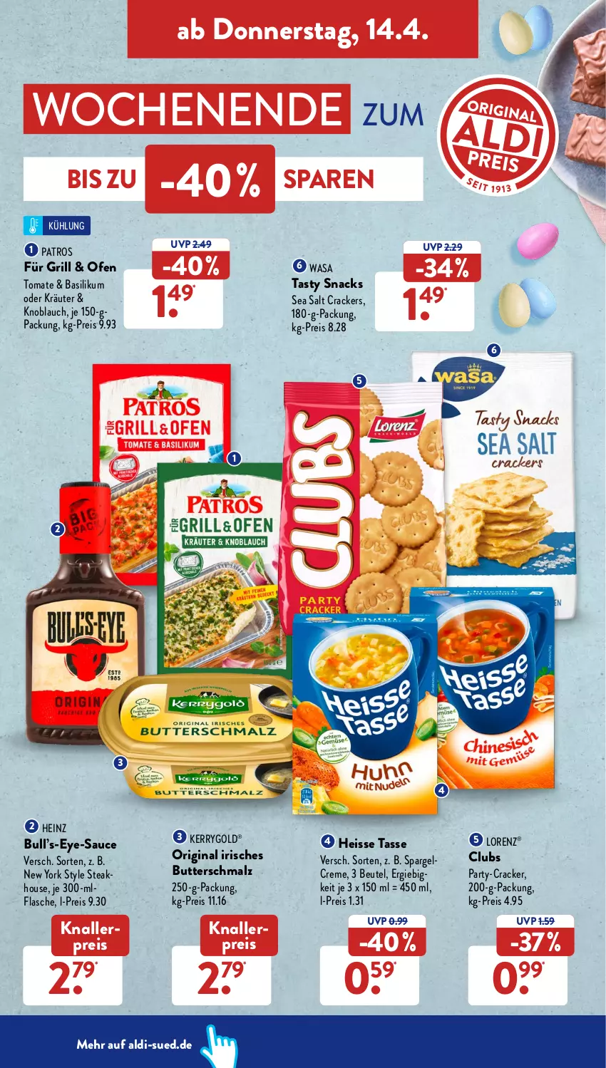 Aktueller Prospekt AldiSud - ALDI Aktuell - von 11.04 bis 16.04.2022 - strona 42 - produkty: aldi, basilikum, beutel, butter, Butterschmalz, cracker, creme, eis, flasche, gin, grill, heinz, kerrygold, knallerpreis, knoblauch, kräuter, lorenz, malz, oder kräuter, Ofen, patros, reis, sauce, Schmalz, snack, snacks, spargel, steak, tasse, tomate, wasa, Yo