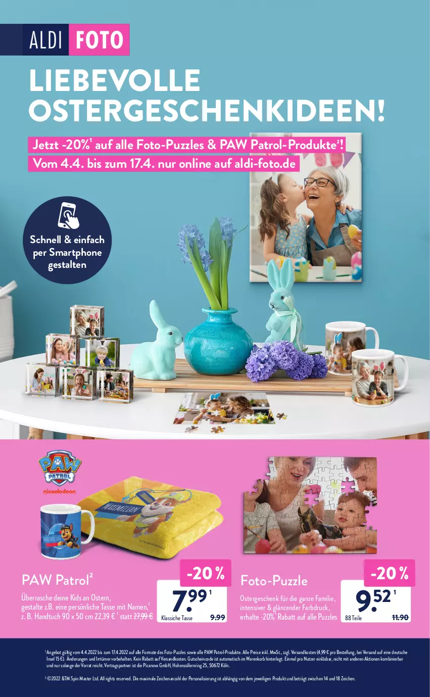 Aktueller Prospekt AldiSud - ALDI Aktuell - von 11.04 bis 16.04.2022 - strona 44 - produkty: aldi, auto, eis, gutschein, handtuch, korb, ndk, Paw Patrol, Persona, Puzzle, reis, ring, smartphone, tasse, Ti, tisch, tuc