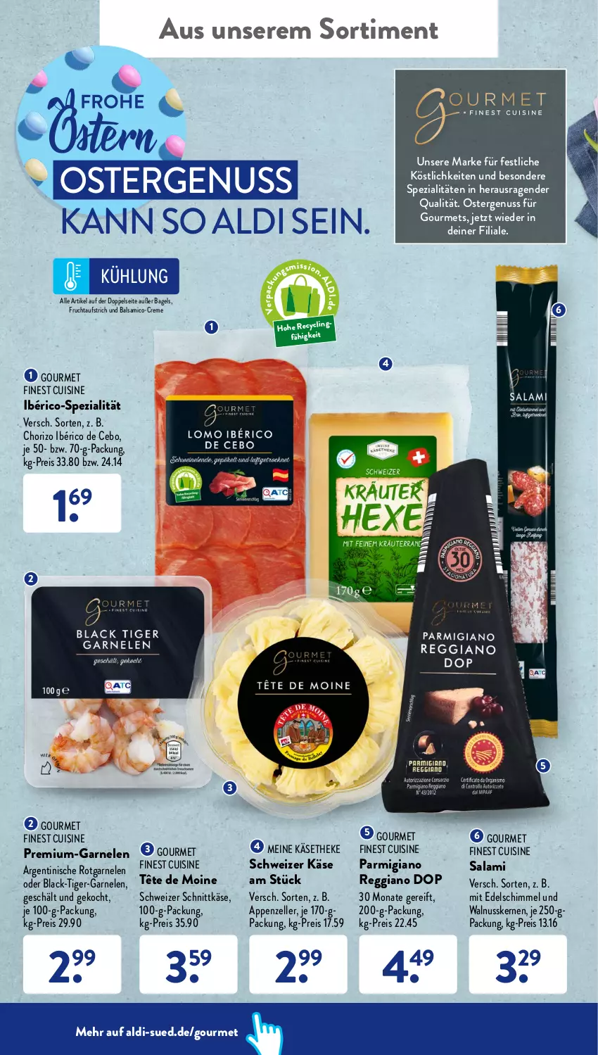 Aktueller Prospekt AldiSud - ALDI Aktuell - von 11.04 bis 16.04.2022 - strona 46 - produkty: aldi, appenzeller, aufstrich, Bagel, balsam, balsamico, chorizo, creme, eis, elle, frucht, fruchtaufstrich, garnelen, Käse, käsetheke, lack, nuss, parmigiano, parmigiano reggiano, reggiano, reis, salami, schnittkäse, schweizer schnittkäse, Spezi, Tête de Moine, Ti, Tiger-Garnelen, walnuss, walnusskerne