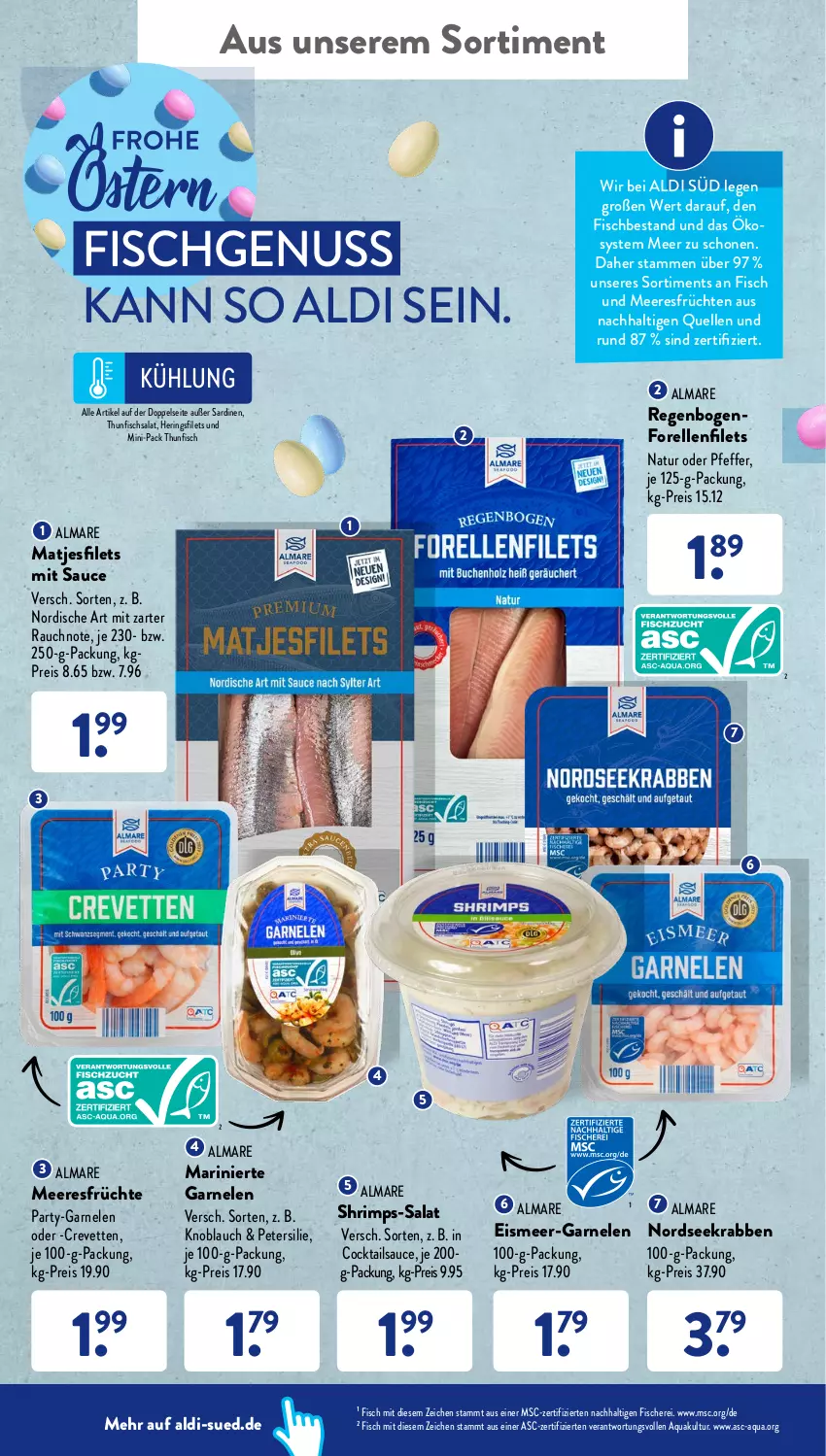 Aktueller Prospekt AldiSud - ALDI Aktuell - von 11.04 bis 16.04.2022 - strona 48 - produkty: aldi, almare, aqua, cocktail, cocktails, eis, elle, filet, filets, fisch, Fisch und Meeresfrüchte, fische, Fischer, forelle, früchte, früchten, garnelen, hering, Herings, heringsfilets, knoblauch, matjes, Matjesfilet, matjesfilets, meeresfrüchte, natur, Nordsee, nuss, petersilie, pfeffer, Rauch, reis, rel, ring, salat, Sardinen, sauce, Schere, thunfisch, Thunfischsalat, Ti