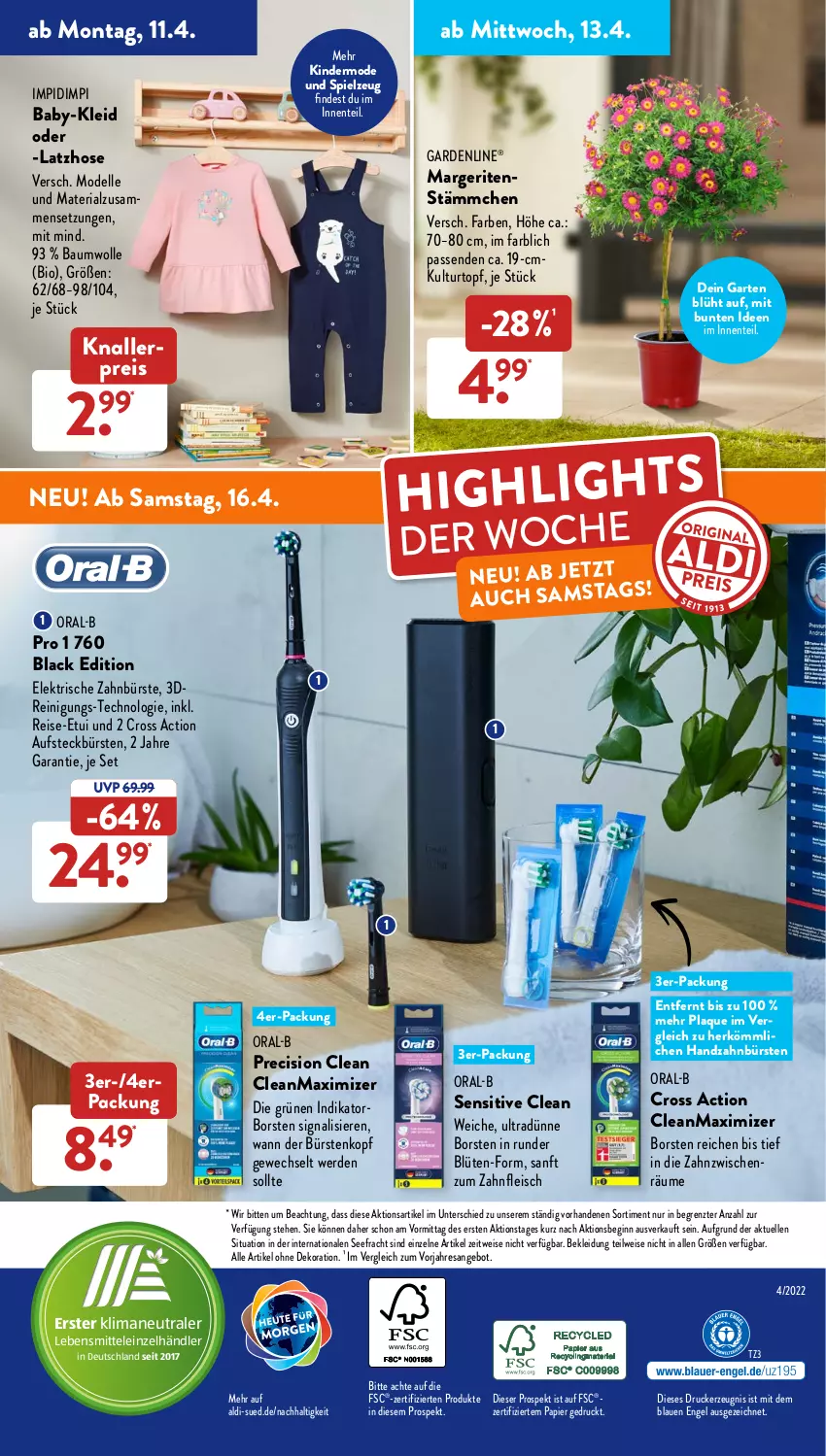 Aktueller Prospekt AldiSud - ALDI Aktuell - von 11.04 bis 16.04.2022 - strona 51 - produkty: aldi, alle artikel ohne dekoration, angebot, aufsteckbürsten, Bau, baumwolle, bio, Blüte, bürste, bürsten, cross action, dekoration, dell, drucker, eis, elektrische zahnbürste, elle, Engel, ente, erde, fleisch, gardenline®, Garten, gin, hose, kerze, Kinder, kleid, Kleidung, knallerpreis, kulturtopf, lack, Latzhose, lebensmittel, Mode, oral-b, papier, precision clean, Reinigung, reis, resa, Ria, Signal, spielzeug, Ti, topf, wolle, zahnbürste, zahnbürsten, ZTE