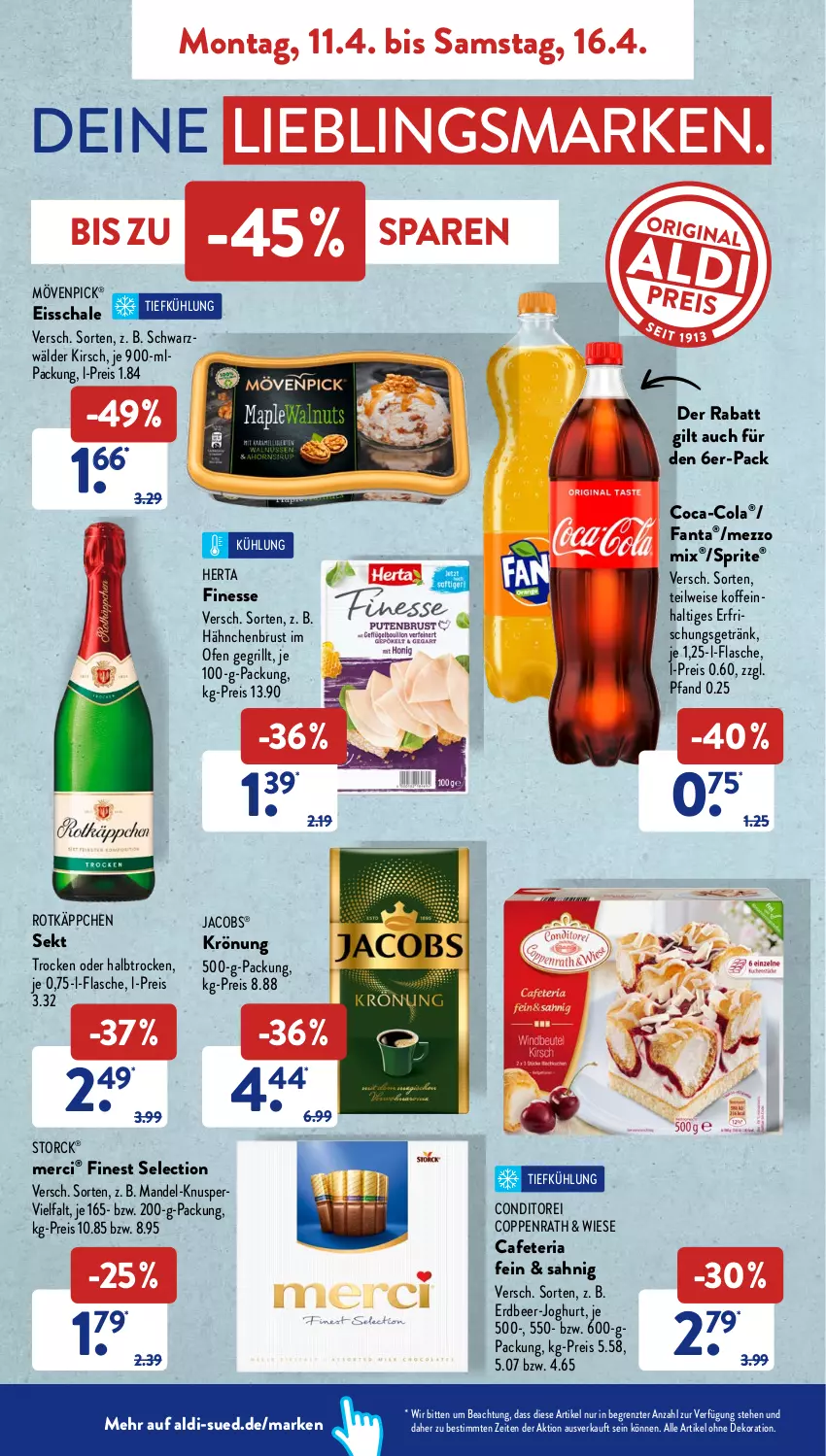 Aktueller Prospekt AldiSud - ALDI Aktuell - von 11.04 bis 16.04.2022 - strona 6 - produkty: aldi, alle artikel ohne dekoration, coca-cola, cola, coppenrath, dekoration, eis, erfrischungsgetränk, fanta, finesse, flasche, getränk, grill, hähnchenbrust, herta, jacobs, joghur, joghurt, kirsch, mandel, merci, Mezzo Mix, mövenpick, Ofen, reis, Ria, rotkäppchen, Schal, Schale, sekt, sprite, storck, Ti, ZTE