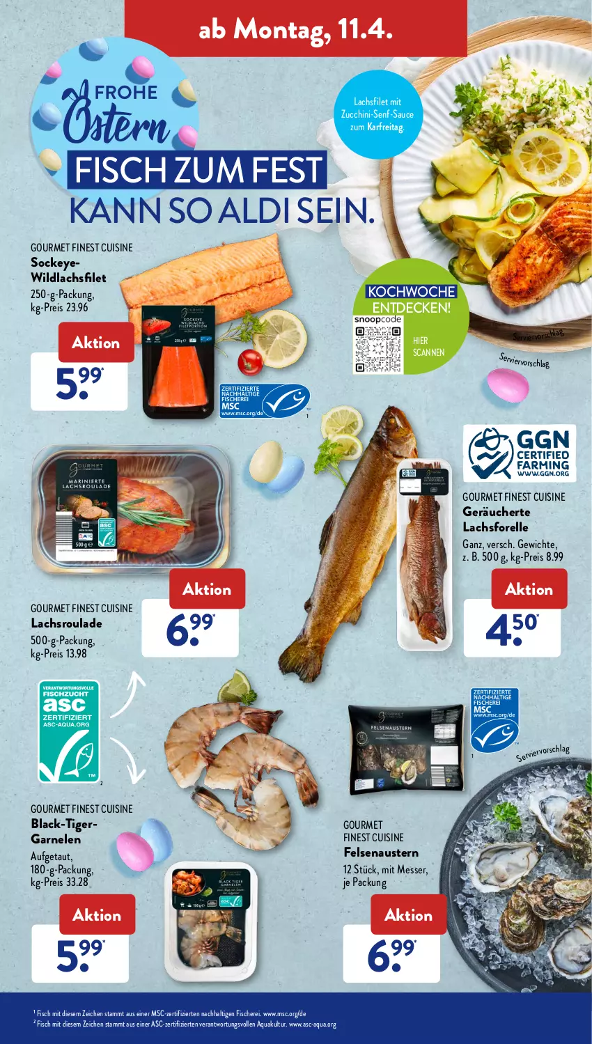 Aktueller Prospekt AldiSud - ALDI Aktuell - von 11.04 bis 16.04.2022 - strona 7 - produkty: aldi, aqua, aust, Austern, decke, eis, elle, filet, fisch, fische, Fischer, forelle, garnelen, lachs, lachsfilet, lack, messer, reis, rel, sauce, Schere, senf, Ti, Wild, wildlachs, zucchini