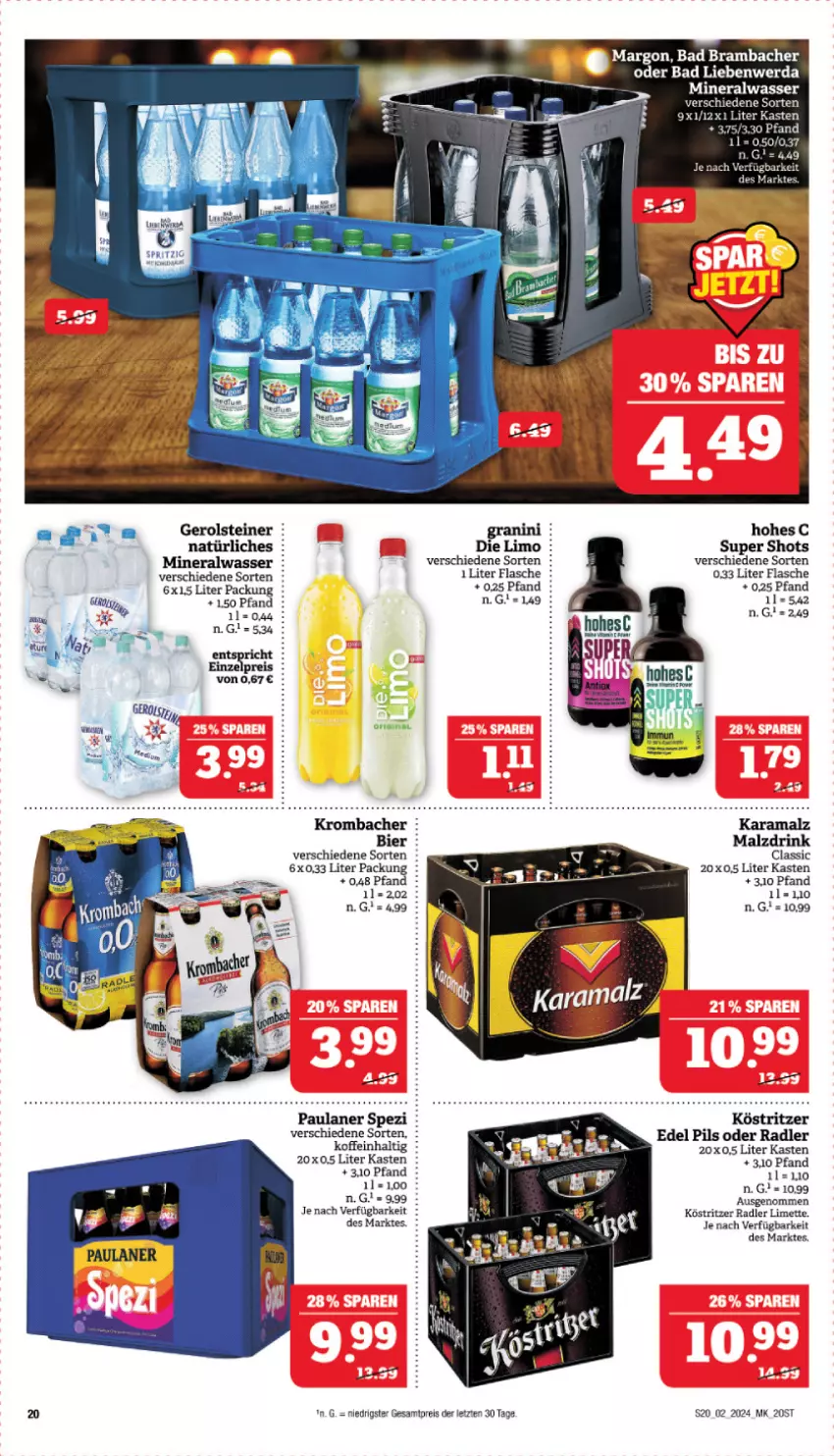 Aktueller Prospekt Marktkauf - Prospekt - von 07.01 bis 13.01.2024 - strona 20 - produkty: Alwa, Bad, Bad Liebenwerda, bier, drink, eis, flasche, gerolsteine, gerolsteiner, Hohes C, köstritzer, krombache, krombacher, limette, limo, malz, Mett, mineralwasser, oder radler, Paula, paulaner, pils, radler, reis, Spezi, steiner, Ti, wasser, ZTE