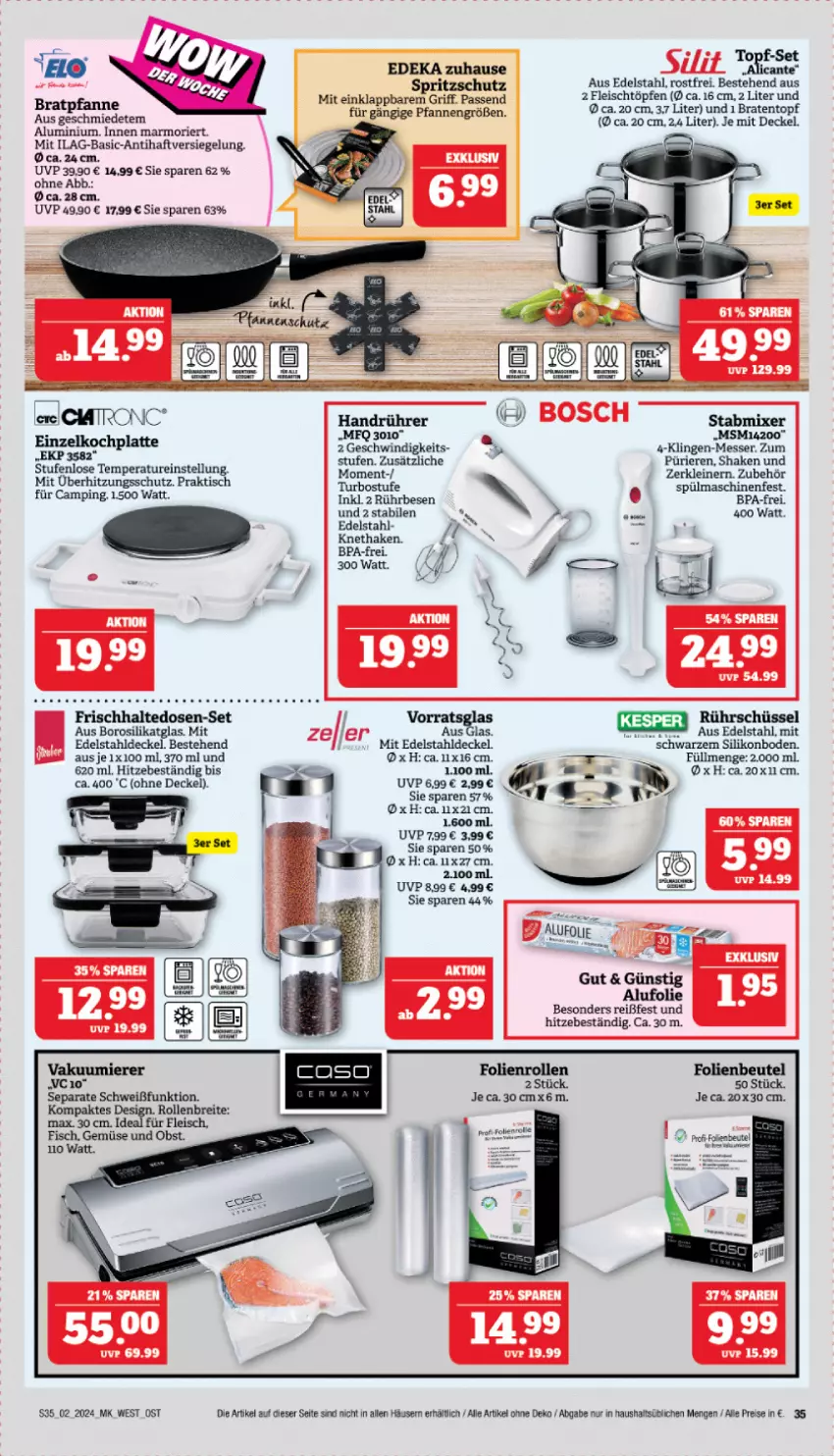 Aktueller Prospekt Marktkauf - Prospekt - von 07.01 bis 13.01.2024 - strona 35 - produkty: beutel, bosch, braten, Bratentopf, Brei, decke, Deckel, deka, edelstahl, eis, fisch, fleisch, frischhaltedosen, HP, ilag, kesper, latte, leine, messer, Mixer, obst, pfanne, pfannen, reis, Rührschüssel, schüssel, shake, Spritzschutz, spülmaschinen, stabmixer, Ti, tisch, topf, Vakuumierer