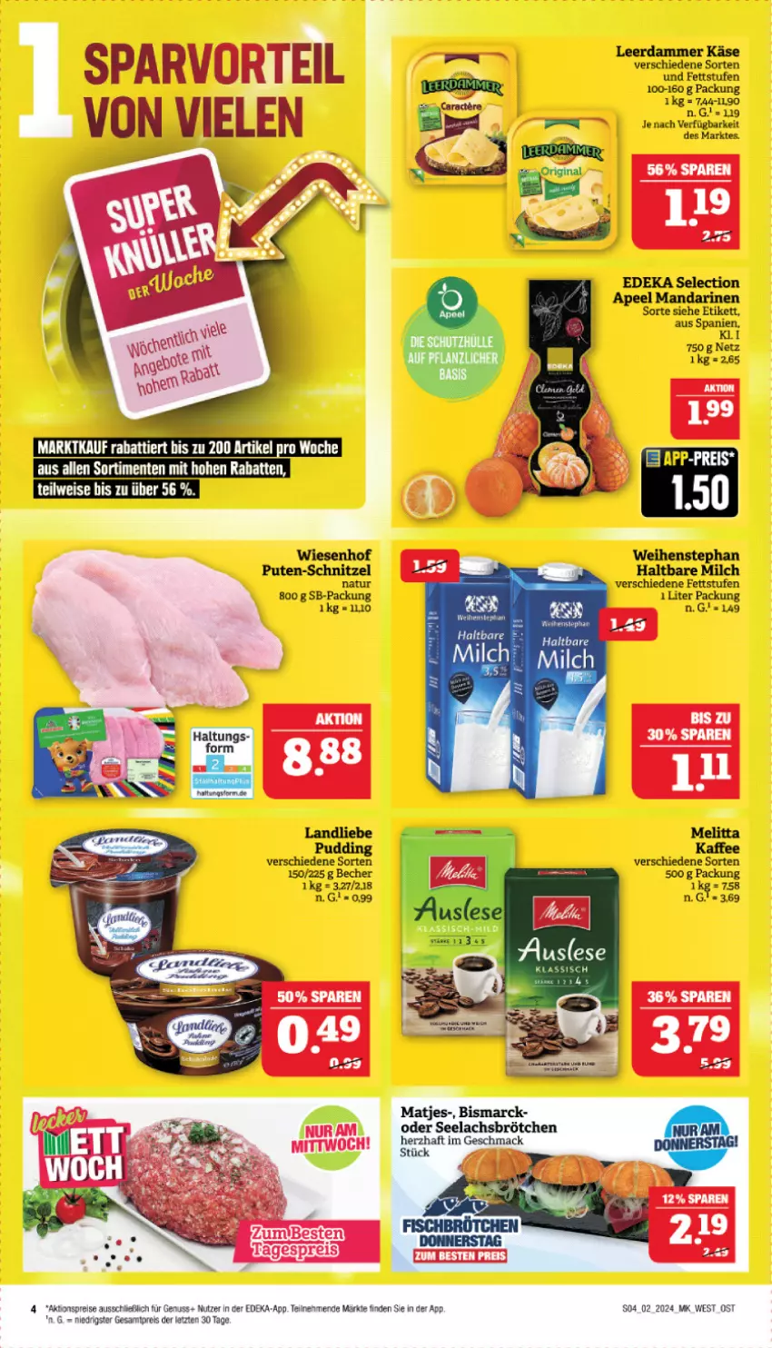 Aktueller Prospekt Marktkauf - Prospekt - von 07.01 bis 13.01.2024 - strona 4 - produkty: aktionspreis, Becher, bismarck, brötchen, deka, eis, ente, haltbare milch, kaffee, Käse, lachs, landliebe, leerdammer, mac, mandarine, mandarinen, matjes, melitta, milch, nuss, pudding, pute, reis, rum, schnitzel, Ti, weihenstephan, wiesenhof, ZTE