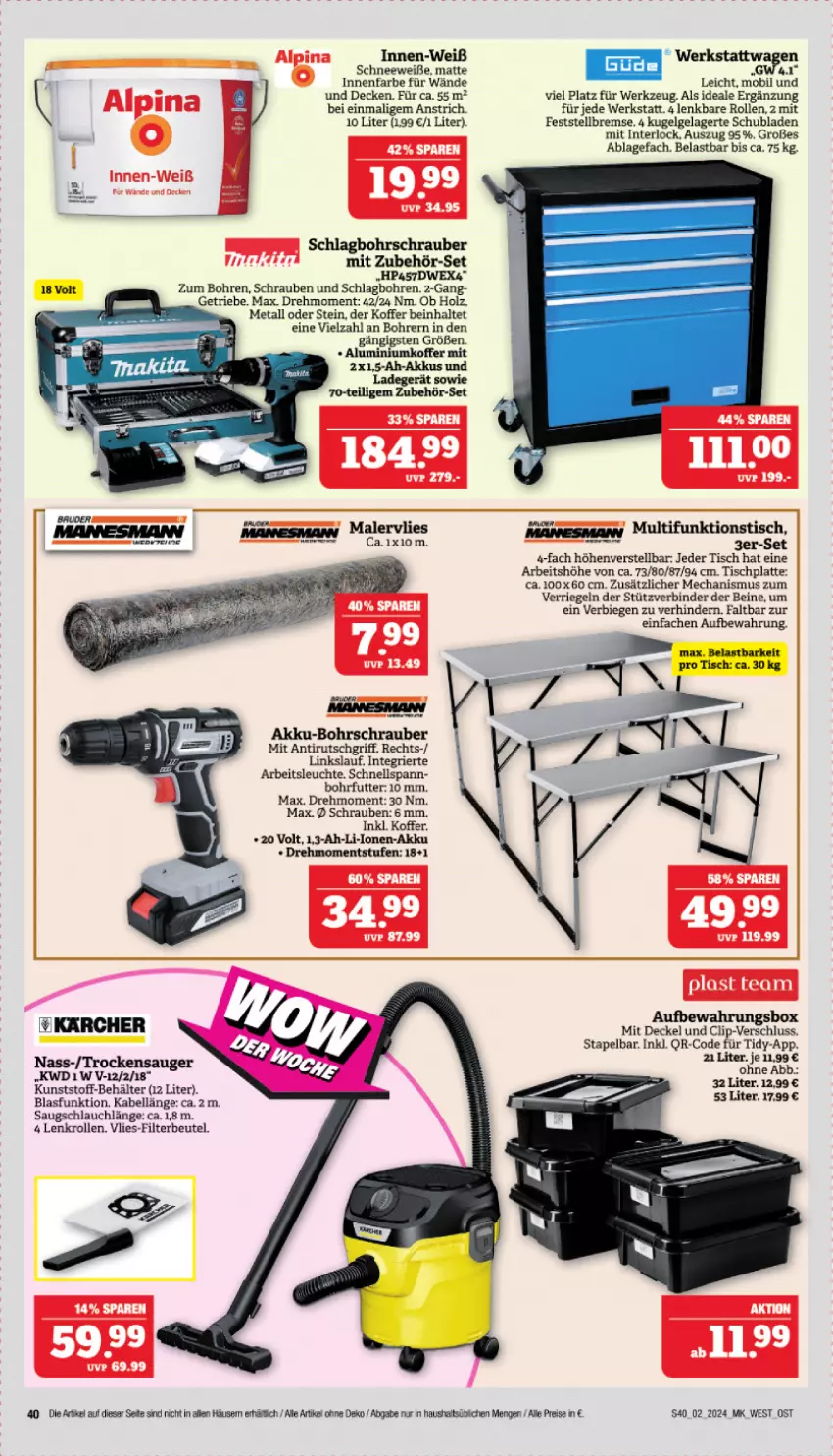 Aktueller Prospekt Marktkauf - Prospekt - von 07.01 bis 13.01.2024 - strona 40 - produkty: akku, akku-bohrschrauber, Arbeitsleuchte, aufbewahrungsbox, Behälter, beutel, Bohrschrauber, decke, Deckel, eis, Holz, HP, innenfarbe, karcher, koffer, Kugel, ladegerät, latte, Leuchte, LG, mam, reis, riegel, schlauch, schrauben, schubladen, Ti, tisch, tischplatte, Trockensauger, werkzeug