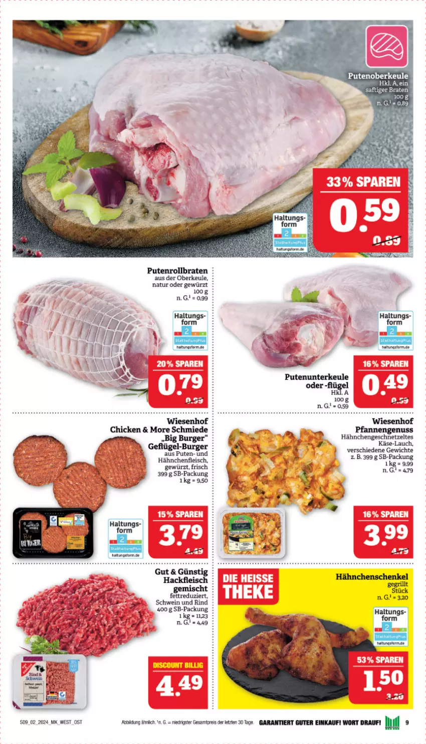 Aktueller Prospekt Marktkauf - Prospekt - von 07.01 bis 13.01.2024 - strona 9 - produkty: braten, burger, eis, fleisch, Geflügel, geschnetzeltes, gewürz, Hähnchenfleisch, Hähnchengeschnetzeltes, Käse, natur, nuss, pfanne, pfannen, pute, Putenoberkeule, Putenrollbraten, reis, rind, rollbraten, schwein, schwein und rind, Ti, wein, wiesenhof, Zelt, ZTE