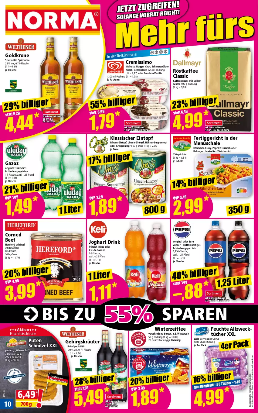 Aktueller Prospekt Norma - Norma - von 30.09 bis 07.10.2024 - strona 10 - produkty: Allzwecktücher, banane, beef, beutel, bio, biozidprodukte, bourbon, bourbon vanille, citrus, corned beef, cremissimo, curry, drink, eintopf, eis, erbsen, erfrischungsgetränk, fertiggericht, flasche, fleisch, geschnetzeltes, getränk, gin, goldkrone, gulasch, hühner, joghur, joghurt, kaffee, kaffeegenuss, kirsch, kräuter, krone, likör, linsen, linsen-eintopf, nogger, nuss, paprika, pfirsich, pute, Rauch, rind, rindfleisch, röstkaffee, rwe, Schal, Schale, schnitzel, schoko, schokolade, sim, Spezi, suppe, suppen, tee, Ti, topf, tücher, vanille, walnuss, weck, wiener, Wild, wild berry, Zelt, zucker