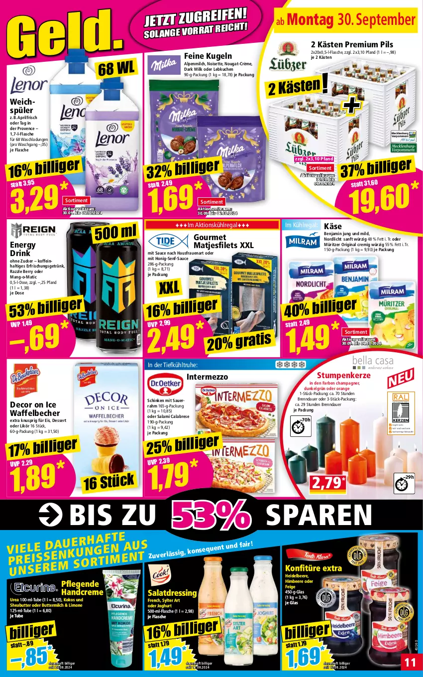 Aktueller Prospekt Norma - Norma - von 30.09 bis 07.10.2024 - strona 11 - produkty: alpenmilch, auer, Becher, beere, butter, buttermilch, champagne, champagner, creme, decor, dessert, dressing, drink, eis, energy drink, erfrischungsgetränk, filet, filets, flasche, getränk, gin, handcreme, heidelbeere, himbeer, himbeere, honig, Honig-Senf, intermezzo, joghur, joghurt, Käse, kerze, kokos, konfitüre, konfitüre extra, kuchen, Kugel, kühlregal, Lebkuchen, LG, likör, limo, matjes, Matjesfilet, matjesfilets, milch, orange, pils, premium pils, pril, regal, salami, salat, salatdressing, sauce, Sauerrahm, schinken, senf, Sheabutter, Sylter, Ti, weichspüler, zucker