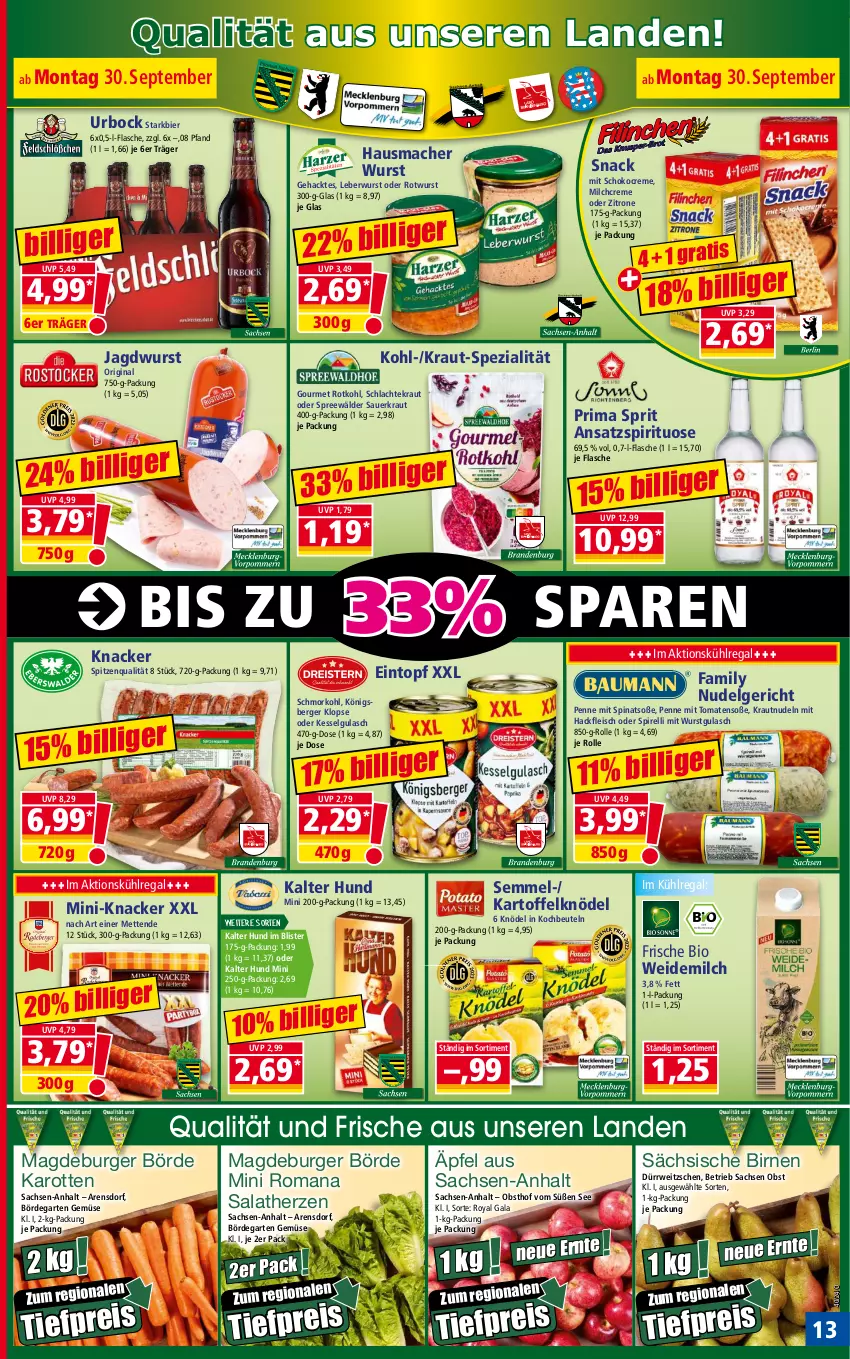 Aktueller Prospekt Norma - Norma - von 30.09 bis 07.10.2024 - strona 13 - produkty: auer, Berger, beutel, bier, bio, Birnen, burger, creme, eintopf, eis, flasche, fleisch, Garten, gin, gulasch, hackfleisch, Hausmacher, jagdwurst, karotten, kartoffel, knacker, Knödel, kochbeutel, Königsberger Klopse, Kraut, kühlregal, leberwurst, LG, mac, Mett, metten, milch, nudel, Nudelgericht, nudeln, obst, penne, regal, reis, rel, rotkohl, Rotwurst, rwe, sac, salat, salatherzen, Sauerkraut, schoko, Semmel, snack, Soße, Spezi, spinat, spitzenqualität, spreewälder, Ti, tiefpreis, tomate, tomaten, topf, weidemilch, wurst, zitrone