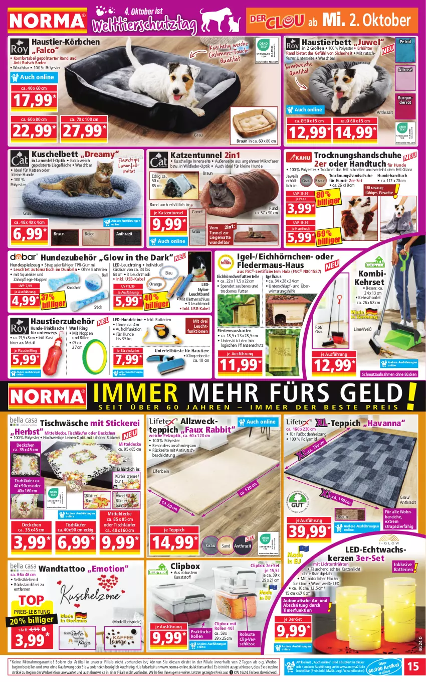 Aktueller Prospekt Norma - Norma - von 30.09 bis 07.10.2024 - strona 15 - produkty: aust, auto, ball, batterie, batterien, Bebe, bett, bio, braun, Brei, burgunder, bürste, cashmere, creme, decke, dell, Echtwachskerzen, eis, elle, flasche, gin, handschuhe, handtuch, Holz, hörnchen, kerze, Körbchen, Kürbis, lack, Lacke, lamm, Lammfell, Läufer, leine, Leuchte, Liege, Maus, mikrofaser, mitteldecke, Mode, ndk, orange, pflanze, pflanzen, reis, ring, rwe, Schal, schuhe, Spiele, spielzeug, Stier, teppich, Ti, Tiere, timer, tisch, tischläufer, Tischwäsche, trinkflasche, tuc, usb, weck, Wild, ZTE