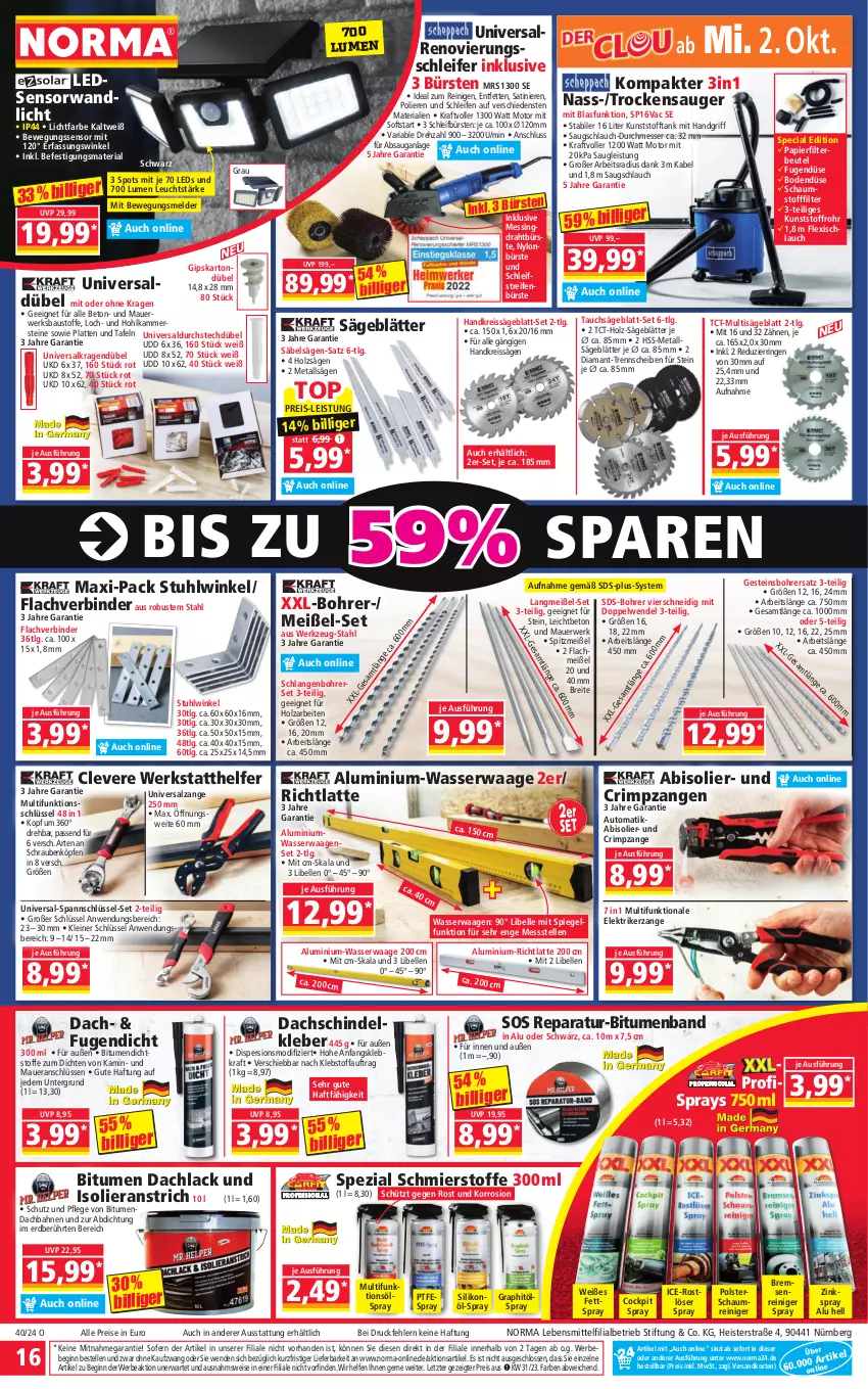 Aktueller Prospekt Norma - Norma - von 30.09 bis 07.10.2024 - strona 16 - produkty: abis, auer, aust, auto, Bau, Baustoffe, Bebe, beutel, Bewegungssensor, Bohrerset, Brei, bürste, bürsten, Draht, eis, elle, gin, gsw, Handkreissäge, Holz, Kamin, kleber, kraft, lack, latte, lebensmittel, leds, leine, LG, messer, ndk, papier, reifen, reiniger, reis, reiss, Ria, ring, rwe, Säbelsäge, säge, salz, schlauch, schrauben, Spezi, spiegel, stuhl, Tauchsäge, Ti, Trockensauger, Waage, wasser, werkzeug, Zangen, ZTE