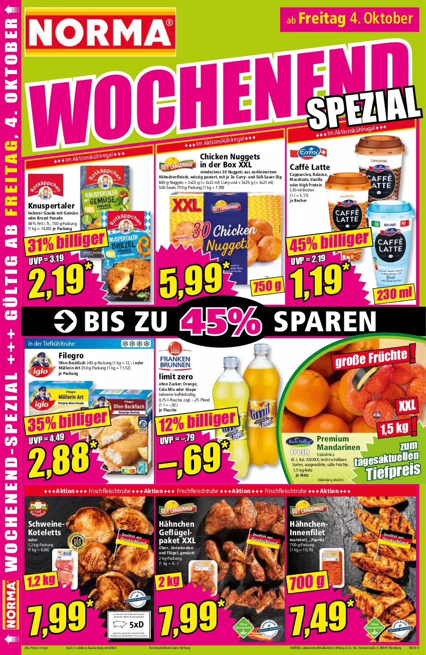 Aktueller Prospekt Norma - Norma - von 30.09 bis 07.10.2024 - strona 18 - produkty: ACC, auer, backfisch, Becher, brezel, caffè latte, Cap, cappuccino, chia, chicken nuggets, cin, cola, curry, dip, eis, filegro, filet, fisch, flasche, fleisch, früchte, Geflügel, gewürz, gouda, Hähnchenfleisch, kotelett, latte, lebensmittel, leine, mac, macchiato, mandarine, mandarinen, mit gemüse, Müller, müllerin art, natur, nuggets, Ofen, ofen-backfisch, orange, paprika, regal, reis, schwein, schweine, schweinekotelett, Ti, tiefpreis, wein, weine, zucker