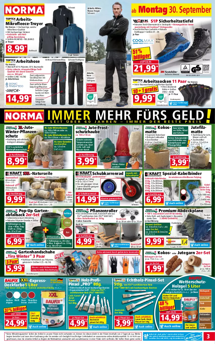 Aktueller Prospekt Norma - Norma - von 30.09 bis 07.10.2024 - strona 3 - produkty: Abba, abdeckplane, adapter, Arbeitssocken, Bau, baumwolle, Bebe, bio, Blasebalg, braun, bürste, dell, edelstahl, eis, elle, Garten, gin, handschuhe, Holz, holzschutz, hose, HP, kleid, kokos, kraft, kübelpflanzen, lack, LG, Mode, natur, ndk, nuss, olive, pflanze, pflanzen, Pinsel, Pinselset, reis, Rhus, Ria, ring, Roller, sac, schuhe, socken, Spezi, Spiele, ssd, Tasche, taschen, tee, Ti, Tipi, wasser, wolle, ZTE