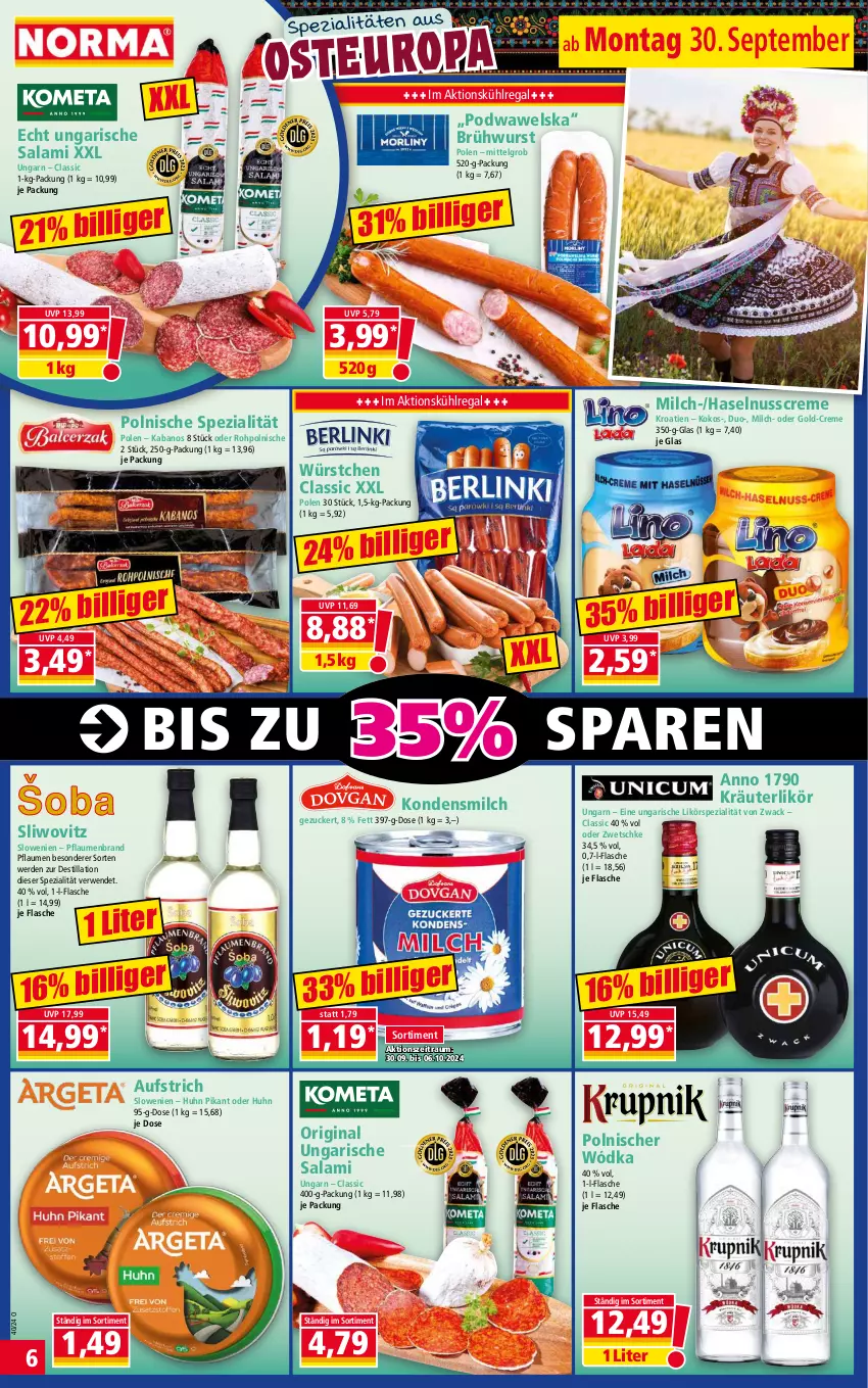 Aktueller Prospekt Norma - Norma - von 30.09 bis 07.10.2024 - strona 6 - produkty: aufstrich, Brühwurst, creme, erde, flasche, gin, haselnuss, Haselnusscreme, HP, kabanos, kokos, kondensmilch, kräuter, kräuterlikör, kühlregal, LG, likör, milch, nuss, pflaume, pflaumen, regal, rwe, salami, Spezi, Ti, Ungarische Salami, Wels, wurst, würstchen, zucker