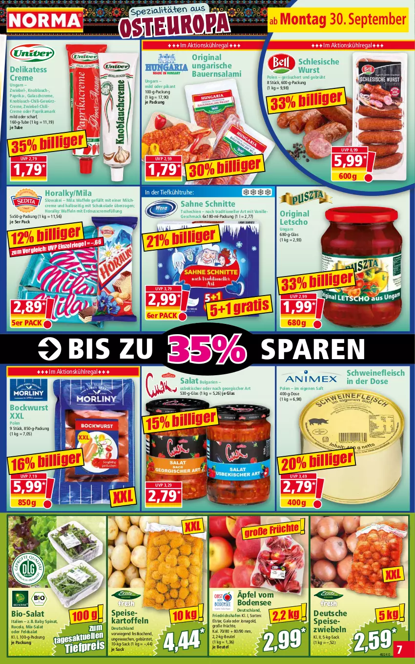 Aktueller Prospekt Norma - Norma - von 30.09 bis 07.10.2024 - strona 7 - produkty: auer, Bau, Bauer, beutel, bio, bockwurst, bürste, chili, cola, creme, eis, elle, erdnuss, feldsalat, fleisch, früchte, gewürz, Gewürzcreme, gin, gulasch, Gulaschcreme, kartoffel, kartoffeln, knoblauch, kühlregal, Letscho, LG, mac, milch, nuss, paprika, regal, reis, rucola, sac, saft, sahne, salami, salat, schoko, schokolade, schwein, schweine, schweinefleisch, speisekartoffeln, Speisezwiebeln, Spezi, spinat, Ti, tiefpreis, usb, vanille, waffeln, wein, weine, wurst, zwiebel, zwiebeln