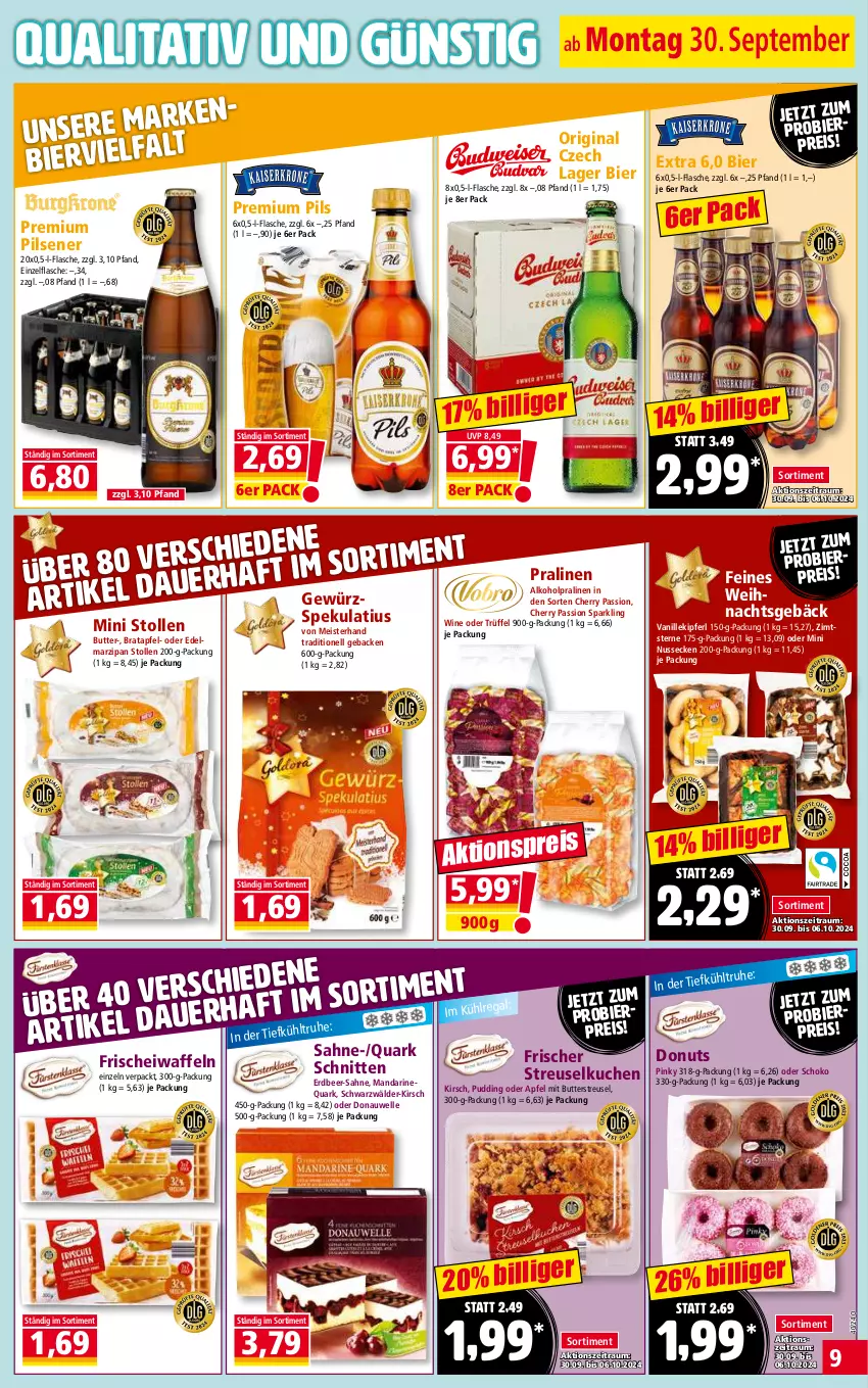 Aktueller Prospekt Norma - Norma - von 30.09 bis 07.10.2024 - strona 9 - produkty: alkohol, apfel, bier, butter, Donut, donuts, Edelmarzipan, eis, elle, flasche, geback, gewürz, gin, kirsch, kuchen, mandarine, marzipan, Meister, nuss, pils, pilsener, pralinen, premium pils, pudding, quark, reis, sahne, schnitten, schoko, Stollen, Streuselkuchen, Ti, Trüffel, vanille, waffeln