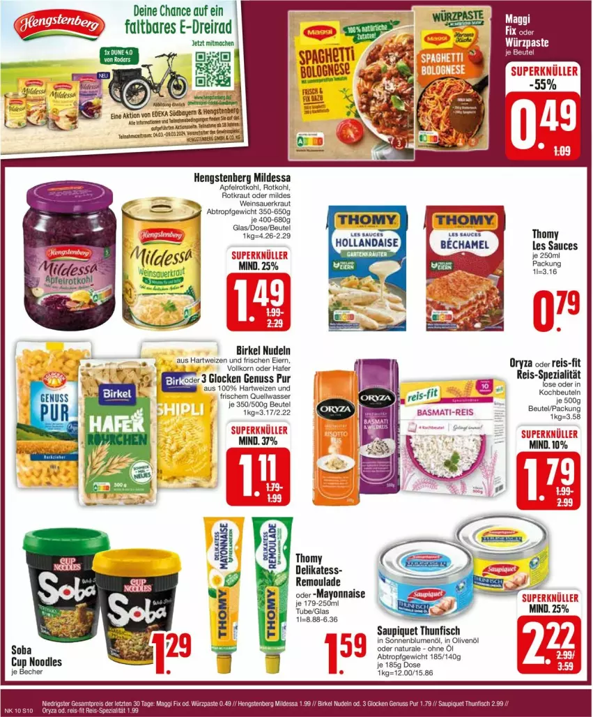 Aktueller Prospekt Edeka - Prospekte - von 04.03 bis 09.03.2024 - strona 10 - produkty: apfel, auer, basmati, basmati-reis, Becher, beutel, blume, blumen, blumenöl, Dreirad, eier, eis, ente, fisch, hafer, hartweizen, hengstenberg, in olivenöl, kochbeutel, korn, Kraut, mayonnaise, natur, natura, nudel, nudeln, nuss, olive, oliven, olivenöl, oryza, reis, reis-fit, remoulade, rotkohl, Sauerkraut, saupiquet, sonnenblume, sonnenblumen, sonnenblumenöl, Spezi, thomy, thunfisch, Ti, wasser, wein, Weinsauerkraut, Yo