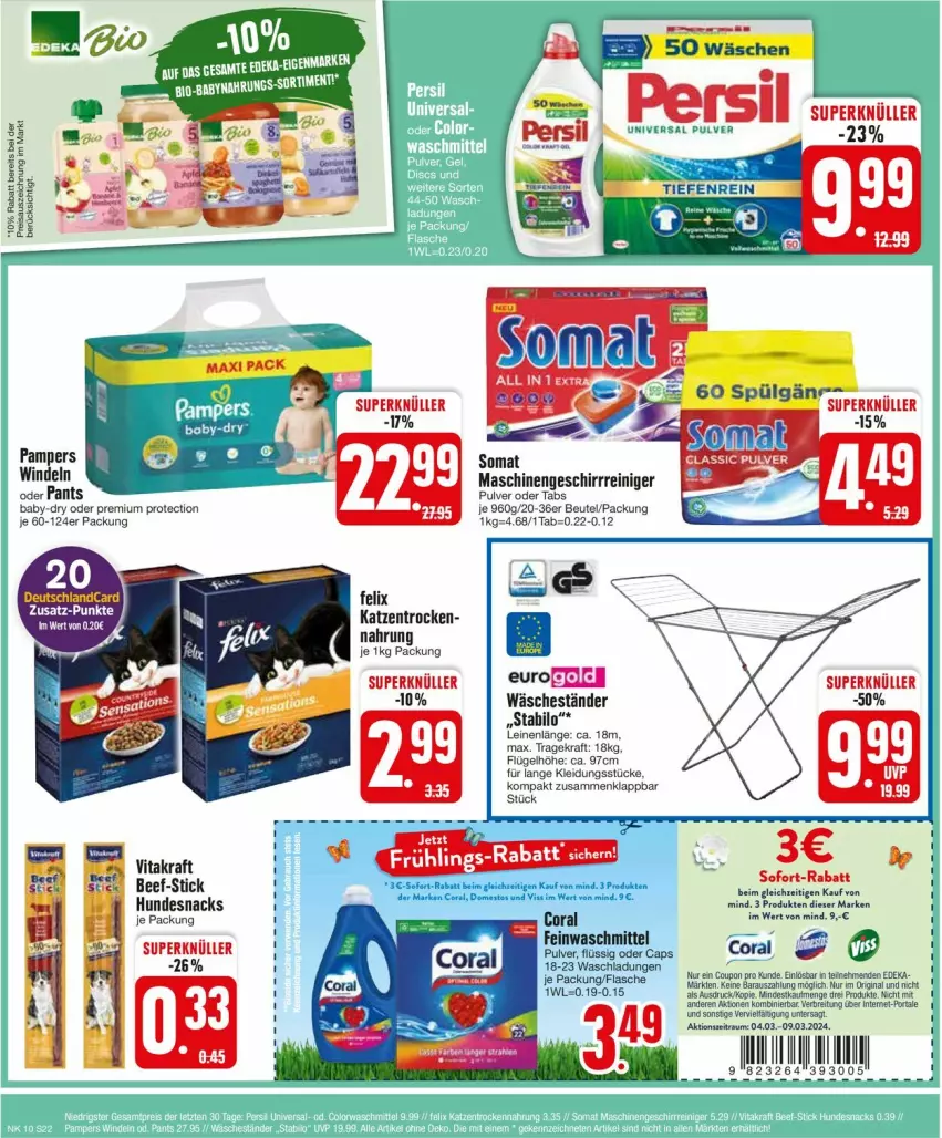 Aktueller Prospekt Edeka - Prospekte - von 04.03 bis 09.03.2024 - strona 22 - produkty: baby-dry, beef, beutel, Brei, Cap, Coral, felix, flasche, geschirr, hundesnack, hundesnacks, kleid, Kleidung, kraft, LG, Pants, reiniger, snack, snacks, somat, stabilo, tee, Ti, vita, vitakraft