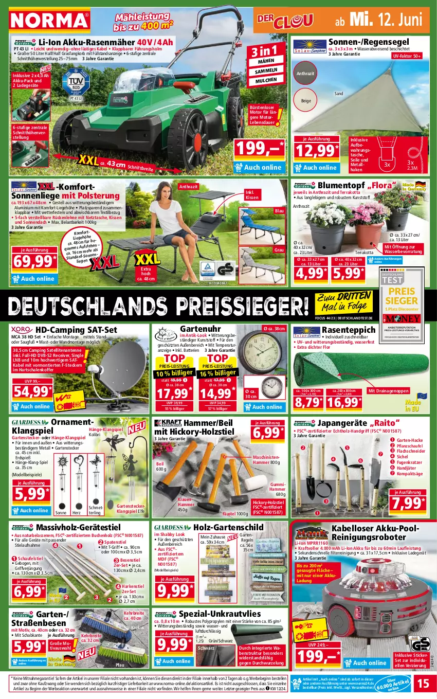 Aktueller Prospekt Norma - Norma - von 10.06 bis 17.06.2024 - strona 15 - produkty: akku, akku-rasenmäher, auer, aufbewahrungstasche, batterie, batterien, Bebe, blume, blumen, Brei, buch, bürste, bürsten, dell, dvb, dvb-s2, eis, elle, ente, Garten, gin, Hartschalenkoffer, Holz, kissen, koffer, korb, kraft, Kraut, lachs, ladegerät, LG, Liege, massivholz, Mett, Mode, natur, ndk, Pfau, pool, rasen, rasenmäher, Receiver, Reinigung, reis, reiss, rückenlehne, säge, Schal, Schale, Schmetterling, sonnenliege, Spaten, Spezi, Spiele, Tasche, teppich, Ti, topf, uhr, wasser, ZTE