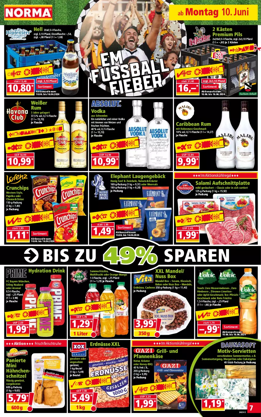 Aktueller Prospekt Norma - Norma - von 10.06 bis 17.06.2024 - strona 7 - produkty: apfel, aufschnitt, beere, beutel, braten, Cashew, chips, crunchips, drink, eis, erdnüsse, flasche, fleisch, frucht, früchte, früchten, gewürz, grill, Hähnchenschnitzel, himbeer, himbeere, honig, Käse, kokos, kokosnuss, kräuter, kühlregal, latte, limette, limetten, mac, mandel, mandeln, mango, meersalz, melone, melonen, Mett, metten, natur, nuss, orange, paprika, pfanne, pfannen, pfannenkäse, pfirsich, pils, premium pils, regal, rum, salami, salz, schnitzel, senf, Serviette, servietten, sesam, tee, Ti, tomate, und pfanne, vodka, wasser, wassermelone, wassermelonen, Weste, zitrone, zitronen, zwiebel, zwiebeln