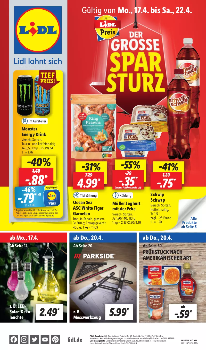 Aktueller Prospekt Lidl - Aktionsprospekt - von 17.04 bis 22.04.2023 - strona 1 - produkty: aktionspreis, angebot, angebote, Bad, bio, coupon, Dekoleuchte, drink, eis, elle, energy drink, garnelen, joghur, joghurt, joghurt mit der ecke, leds, Leuchte, monster, Monster Energy, Müller, reis, Schal, Schale, Schwip Schwap, teller, Ti, werkzeug, ZTE