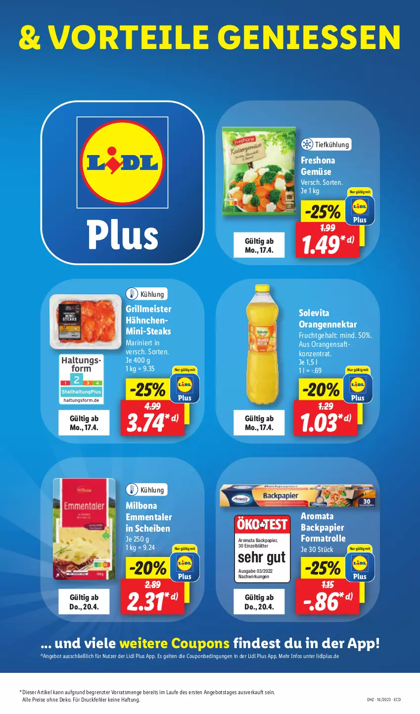 Aktueller Prospekt Lidl - Aktionsprospekt - von 17.04 bis 22.04.2023 - strona 11 - produkty: angebot, Bona, coupon, coupons, eis, emmentaler, frucht, grill, Meister, Milbona, Nektar, orange, orangen, orangensaft, papier, reis, saft, steak, steaks, Ti, vita, ZTE