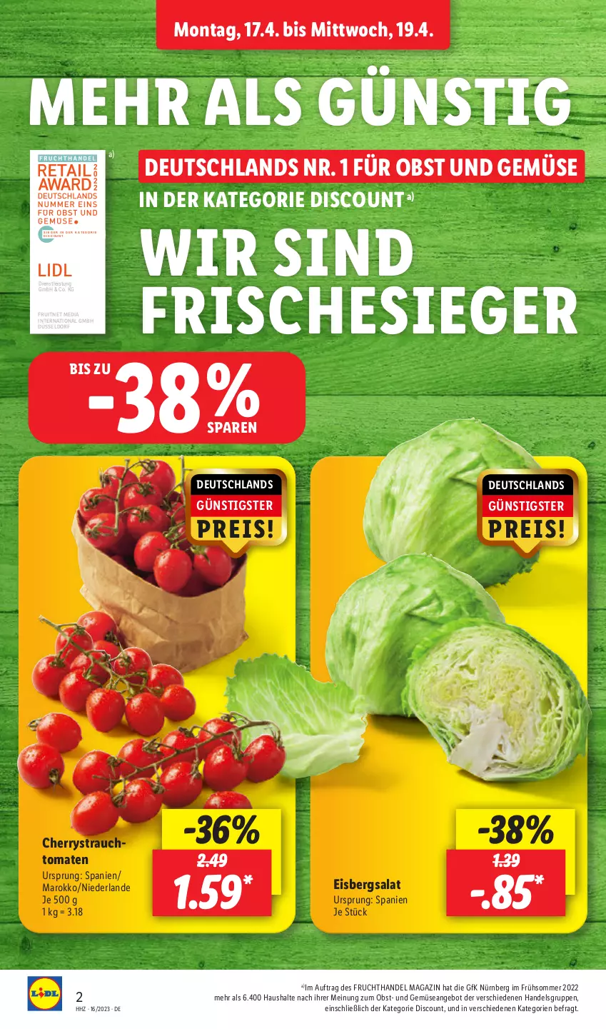 Aktueller Prospekt Lidl - Aktionsprospekt - von 17.04 bis 22.04.2023 - strona 2 - produkty: angebot, discount, eis, eisbergsalat, ente, frucht, magazin, obst, Obst und Gemüse, Rauch, reis, salat, strauchtomaten, Ti, tomate, tomaten, und gemüse