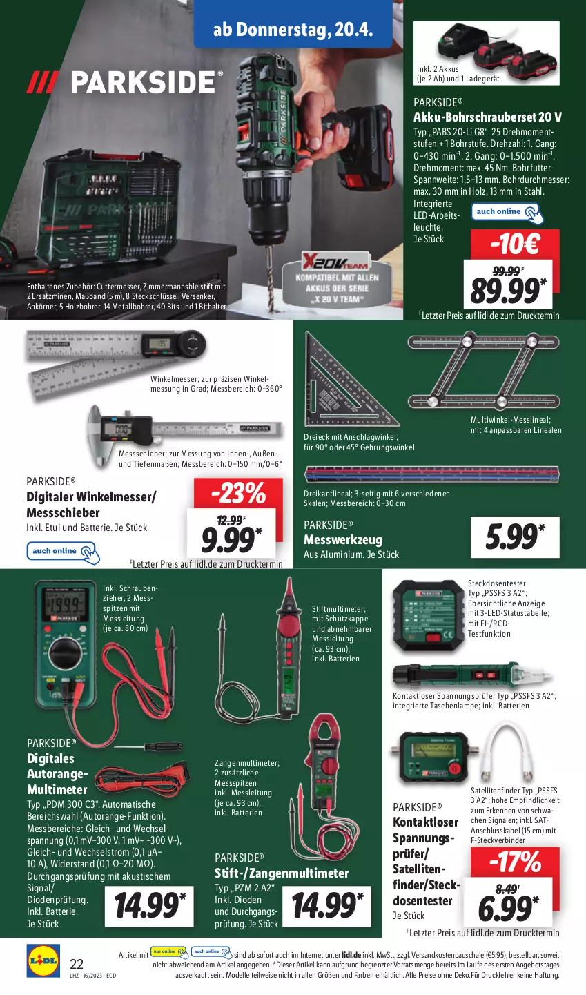 Aktueller Prospekt Lidl - Aktionsprospekt - von 17.04 bis 22.04.2023 - strona 26 - produkty: akku, angebot, Arbeitsleuchte, auto, batterie, batterien, Bleistift, Bohrschrauber, dell, eis, elle, ente, gsw, Holz, ladegerät, Lampe, Leuchte, messer, Mode, ndk, orange, Parkside, reis, Schal, Schale, schrauben, Signal, steckdose, Tasche, taschen, taschenlampe, Ti, tisch, werkzeug, Zangen, ZTE