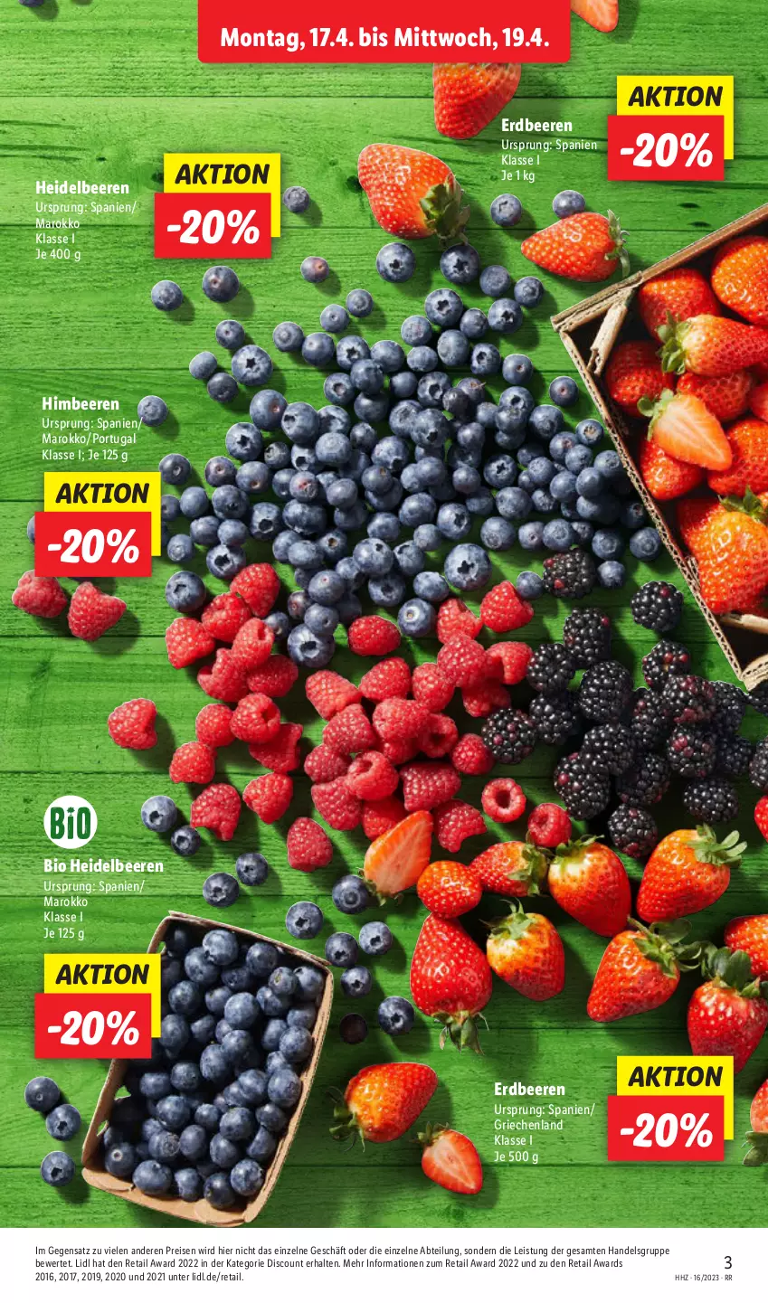 Aktueller Prospekt Lidl - Aktionsprospekt - von 17.04 bis 22.04.2023 - strona 3 - produkty: Abtei, beere, beeren, bio, discount, eis, erdbeere, erdbeeren, heidelbeere, heidelbeeren, himbeer, himbeere, himbeeren, reis, Ti