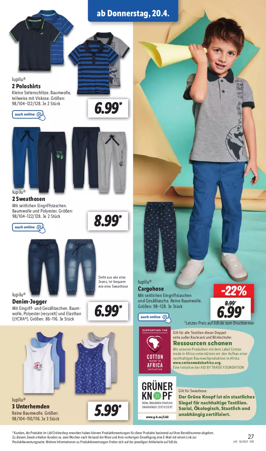 Aktueller Prospekt Lidl - Aktionsprospekt - von 17.04 bis 22.04.2023 - strona 31 - produkty: Bau, baumwolle, eis, hemd, hemden, hose, hosen, jeans, leine, lupilu, poloshirt, reine baumwolle, reis, rucksack, sac, schuhe, shirt, shirts, Sweathose, Tasche, taschen, Ti, Unterhemd, unterhemden, weck, wolle, ZTE