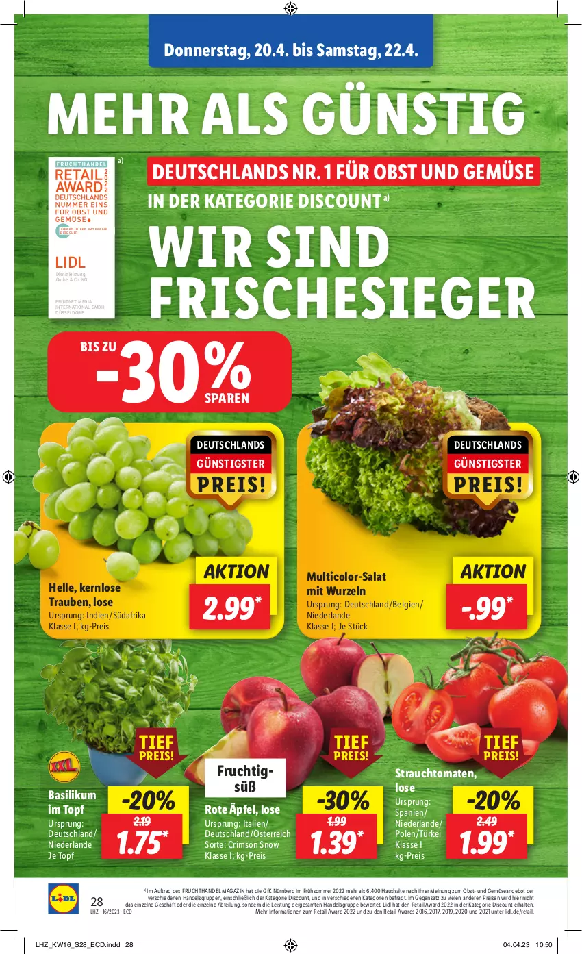 Aktueller Prospekt Lidl - Aktionsprospekt - von 17.04 bis 22.04.2023 - strona 32 - produkty: Abtei, angebot, basilikum, discount, eis, elle, ente, frucht, LG, magazin, obst, Obst und Gemüse, Rauch, reis, salat, strauchtomaten, Ti, tomate, tomaten, topf, trauben, und gemüse