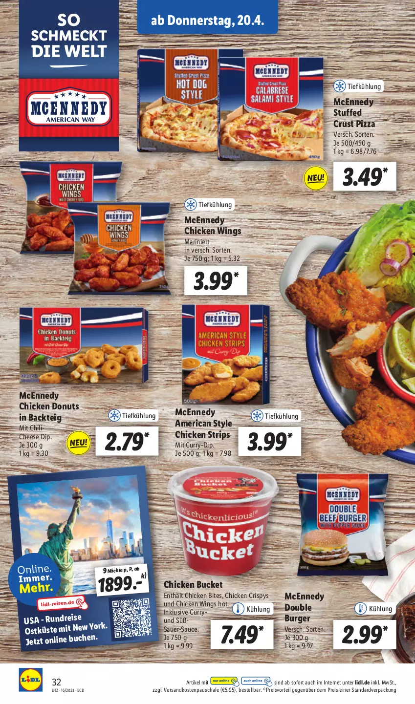 Aktueller Prospekt Lidl - Aktionsprospekt - von 17.04 bis 22.04.2023 - strona 36 - produkty: auer, bites, burger, chicken wings, chili, curry, dip, Donut, donuts, eis, mcennedy, ndk, pizza, preisvorteil, reis, sauce, Schal, Schale, Ti, Yo