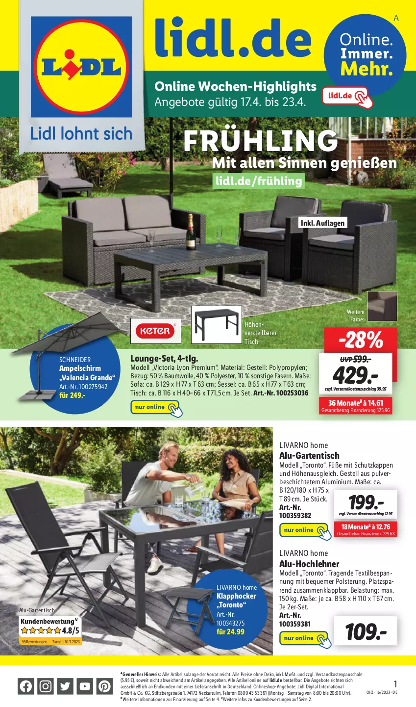 Aktueller Prospekt Lidl - Aktionsprospekt - von 17.04 bis 22.04.2023 - strona 43 - produkty: ampelschirm, angebot, angebote, Bau, baumwolle, dell, eis, elle, Garten, gartentisch, hocker, LG, lounge-set, Mode, ndk, reis, rel, Ria, Schal, Schale, sessel, Sofa, telefon, Ti, tisch, uhr, wolle, Yo