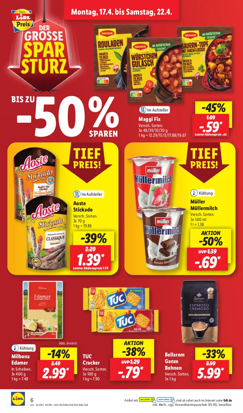 Aktueller Prospekt Lidl - Aktionsprospekt - von 17.04 bis 22.04.2023 - strona 6 - produkty: aktionspreis, aoste stickado, bohne, bohnen, Bona, cracker, edamer, eis, elle, maggi, maggi fix, Milbona, milch, Müller, müllermilch, ndk, reis, Schal, Schale, stickado, teller, Ti, tuc, ZTE