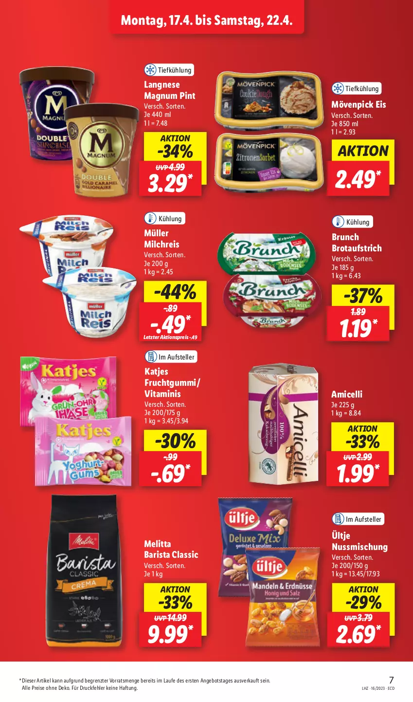 Aktueller Prospekt Lidl - Aktionsprospekt - von 17.04 bis 22.04.2023 - strona 7 - produkty: aktionspreis, amicelli, angebot, aufstrich, brot, brotaufstrich, eis, elle, frucht, fruchtgummi, katjes, langnese, magnum, melitta, milch, milchreis, mövenpick, mövenpick eis, Müller, nuss, reis, teller, Ti, ültje, vita, ZTE