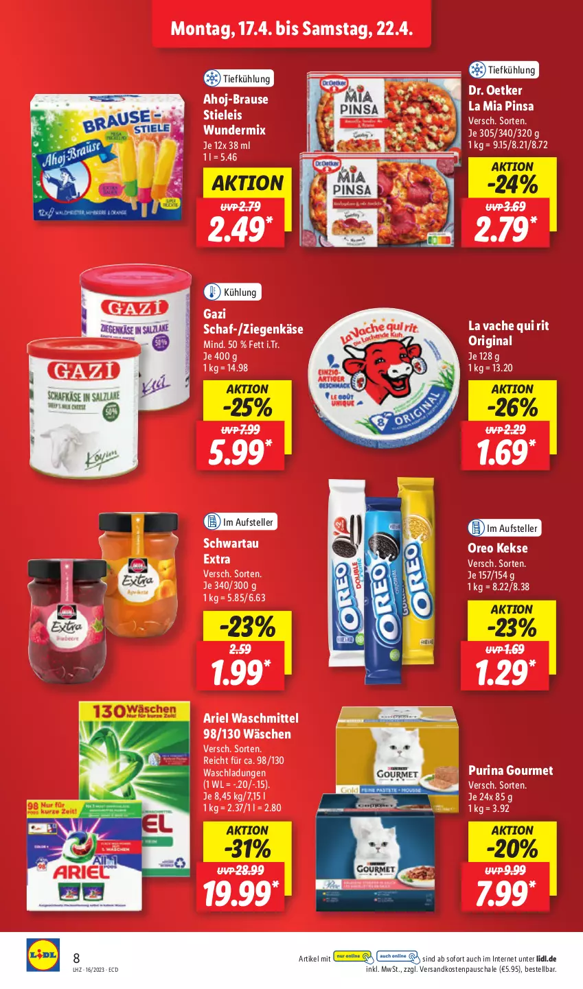 Aktueller Prospekt Lidl - Aktionsprospekt - von 17.04 bis 22.04.2023 - strona 8 - produkty: ahoj-brause, ariel, ariel waschmittel, brause, Dr. Oetker, eis, elle, gin, Käse, keks, kekse, ndk, oreo, purina, Schal, Schale, Schwartau, stieleis, teller, Ti, waschmittel, ziegenkäse