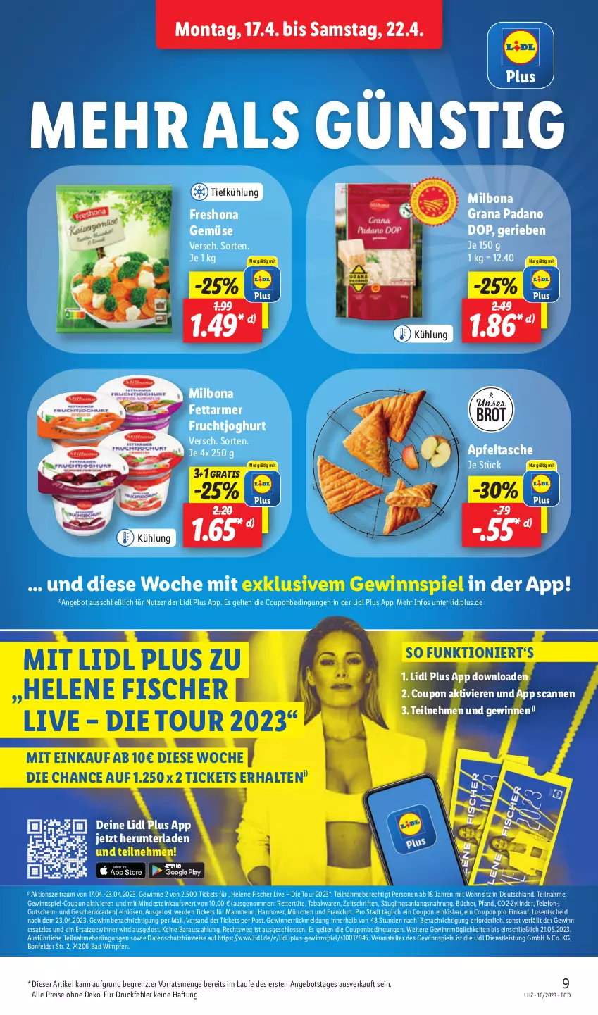 Aktueller Prospekt Lidl - Aktionsprospekt - von 17.04 bis 22.04.2023 - strona 9 - produkty: angebot, apfel, Apfeltasche, Bad, Bona, brot, coupon, eis, erde, fisch, fische, Fischer, frucht, fruchtjoghurt, gewinnspiel, grana, grana padano, gutschein, joghur, joghurt, Milbona, padano, Rana, reis, Tasche, telefon, Ti, Tüte, ZTE