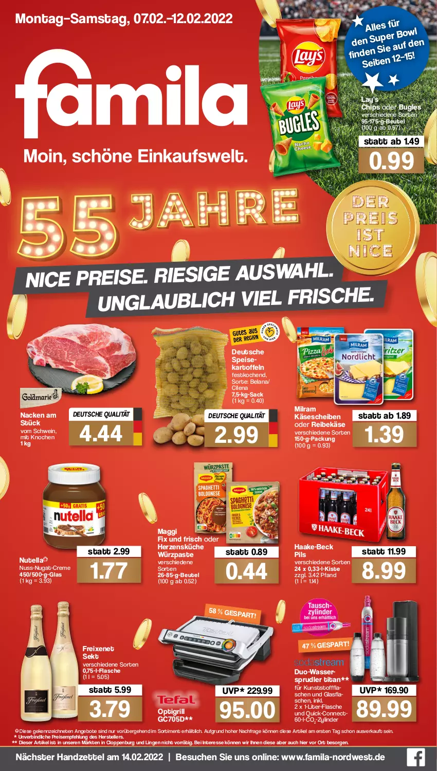 Aktueller Prospekt Famila - Prospekte - von 07.02 bis 12.02.2022 - strona 1 - produkty: angebot, angebote, beutel, bugles, chips, creme, eis, Elan, elle, flasche, freixenet, glasflasche, grill, kartoffel, kartoffeln, Käse, käsescheiben, küche, maggi, maggi fix, milram, nuss, nuss-nugat-creme, nutella, pils, Reibekäse, reis, sac, schwein, sekt, teller, Ti, wasser, wassersprudler, wein