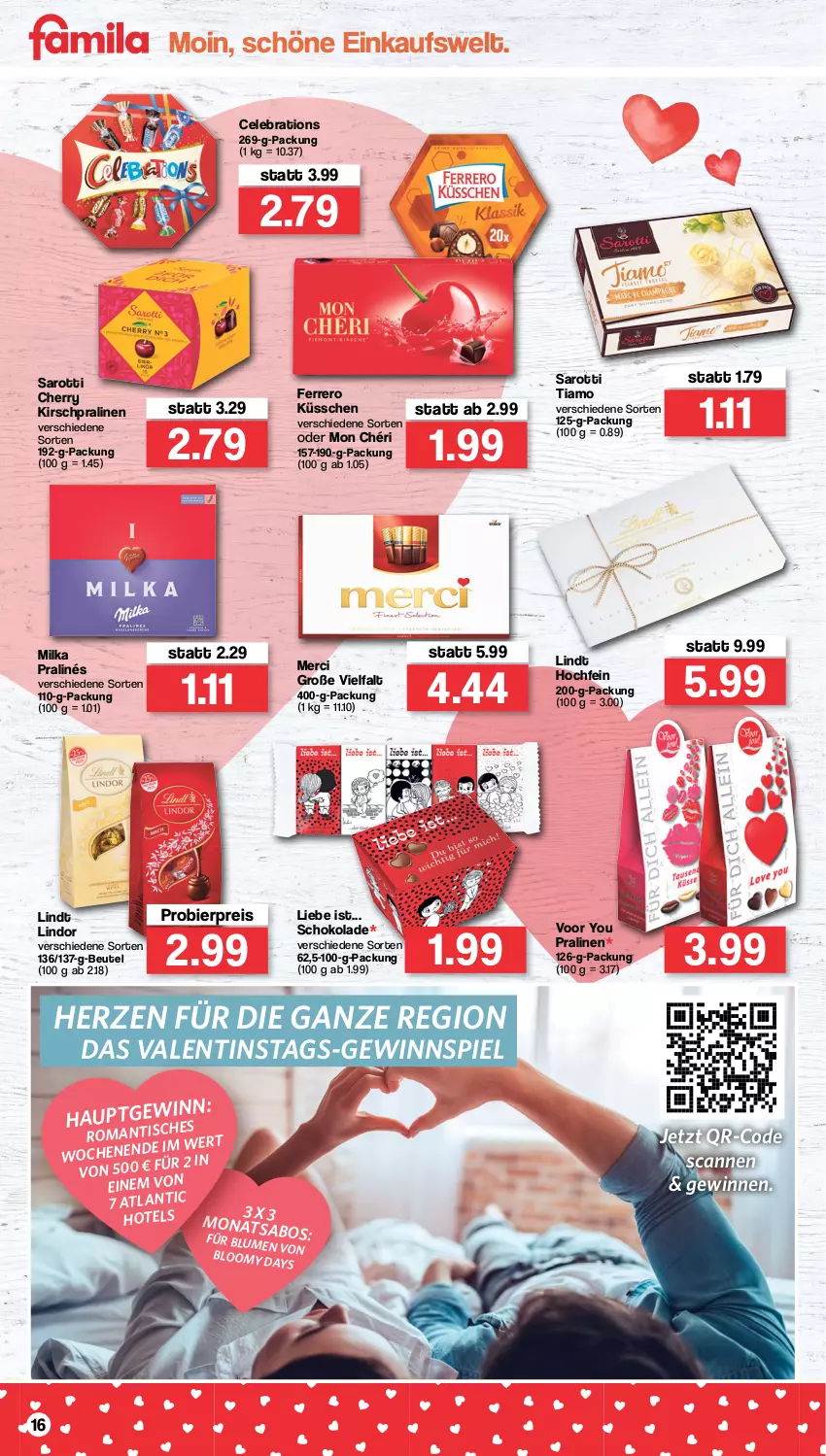 Aktueller Prospekt Famila - Prospekte - von 07.02 bis 12.02.2022 - strona 16 - produkty: beutel, bier, eis, ferrero, Ferrero Küsschen, gewinnspiel, HP, kirsch, lindor, lindt, merci, milka, Mon Chéri, pralinen, reis, saro, sarotti, schoko, schokolade, Ti, Yo