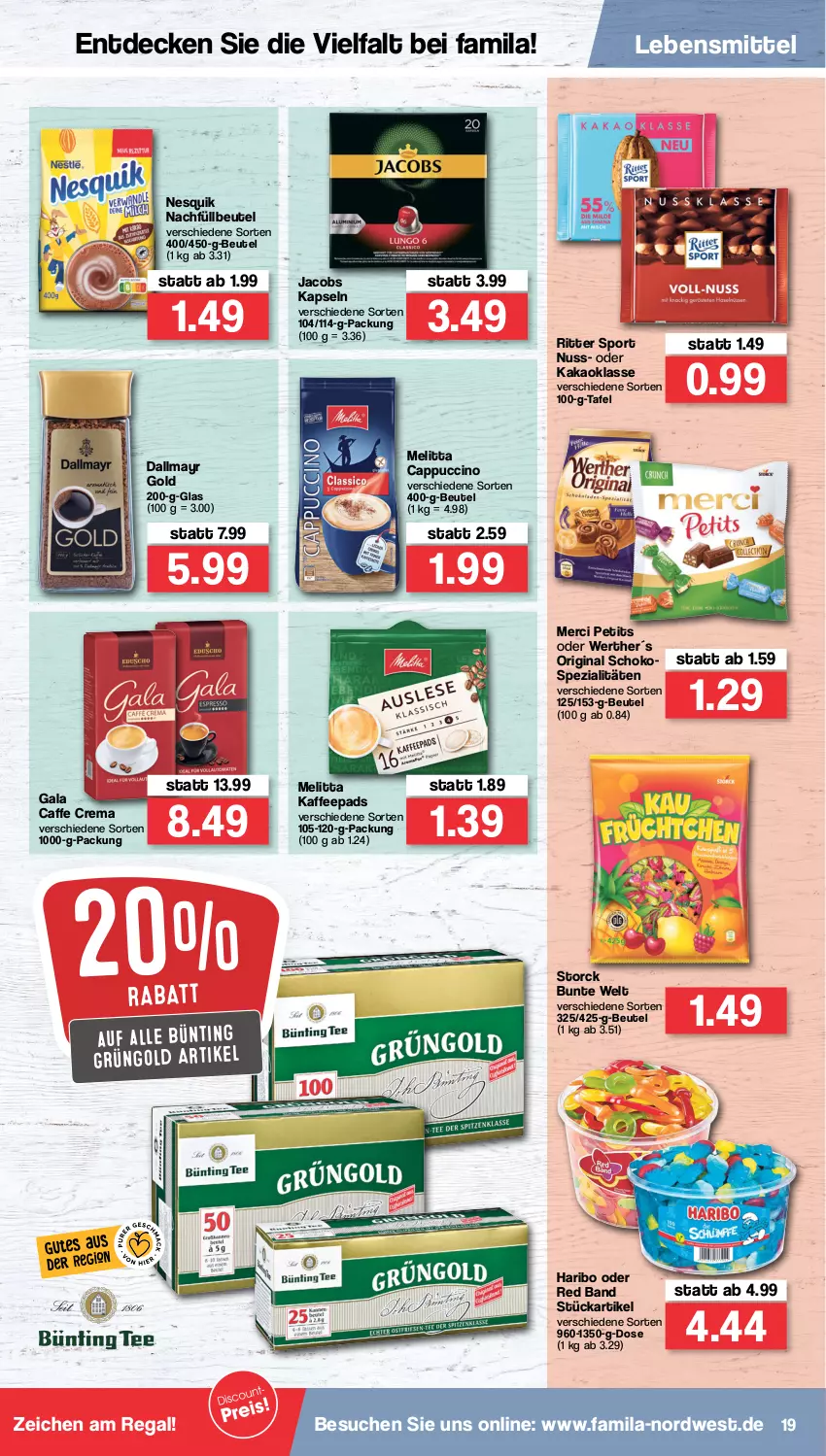 Aktueller Prospekt Famila - Prospekte - von 07.02 bis 12.02.2022 - strona 19 - produkty: beutel, caffe, Cap, cappuccino, cin, dallmayr, dallmayr gold, decke, gin, haribo, jacobs, kaffee, kaffeepads, kakao, lebensmittel, melitta, merci, nesquik, nuss, regal, ritter, ritter sport, schoko, Spezi, Sport, storck, Ti