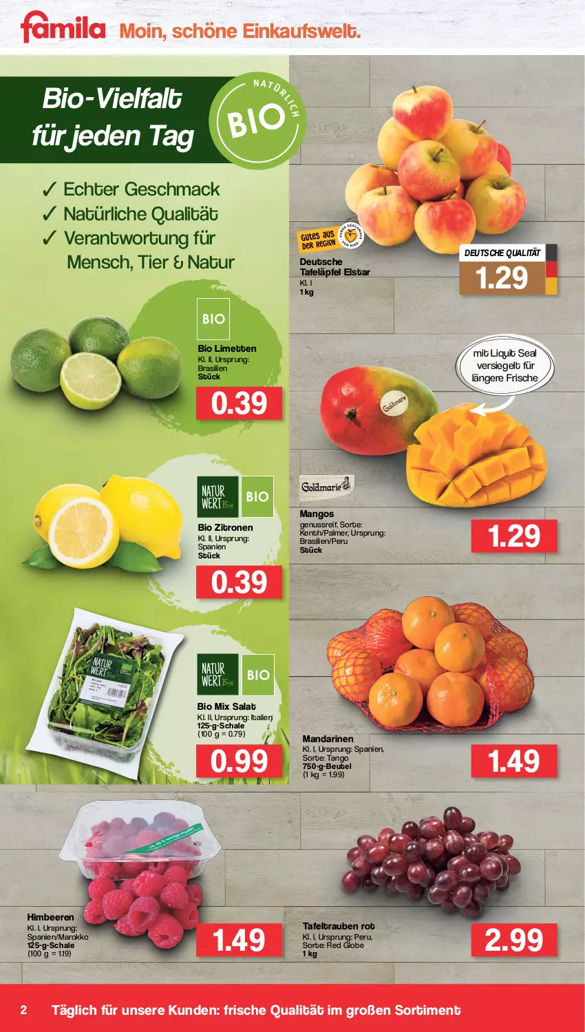 Aktueller Prospekt Famila - Prospekte - von 07.02 bis 12.02.2022 - strona 2 - produkty: beere, beeren, beutel, bio, himbeer, himbeere, himbeeren, limette, limetten, mac, mandarine, mandarinen, mango, mangos, Mett, metten, natur, nuss, salat, Schal, Schale, tafeläpfel, tafeltrauben, Ti, trauben, zitrone, zitronen