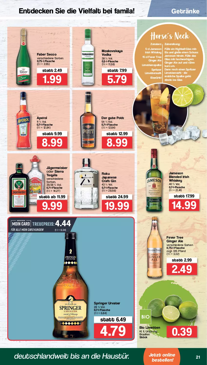 Aktueller Prospekt Famila - Prospekte - von 07.02 bis 12.02.2022 - strona 21 - produkty: aperol, aust, ball, bio, decke, ecco, eis, eiswürfel, elle, flasche, Germ, getränk, getränke, gin, ginger, ginger ale, irish whiskey, jägermeister, jameson, limette, limetten, Meister, Mett, metten, moskovskaya, reis, ring, saft, Sierra, sierra tequila, tequila, Ti, urvater, vodka, whiskey, würfel