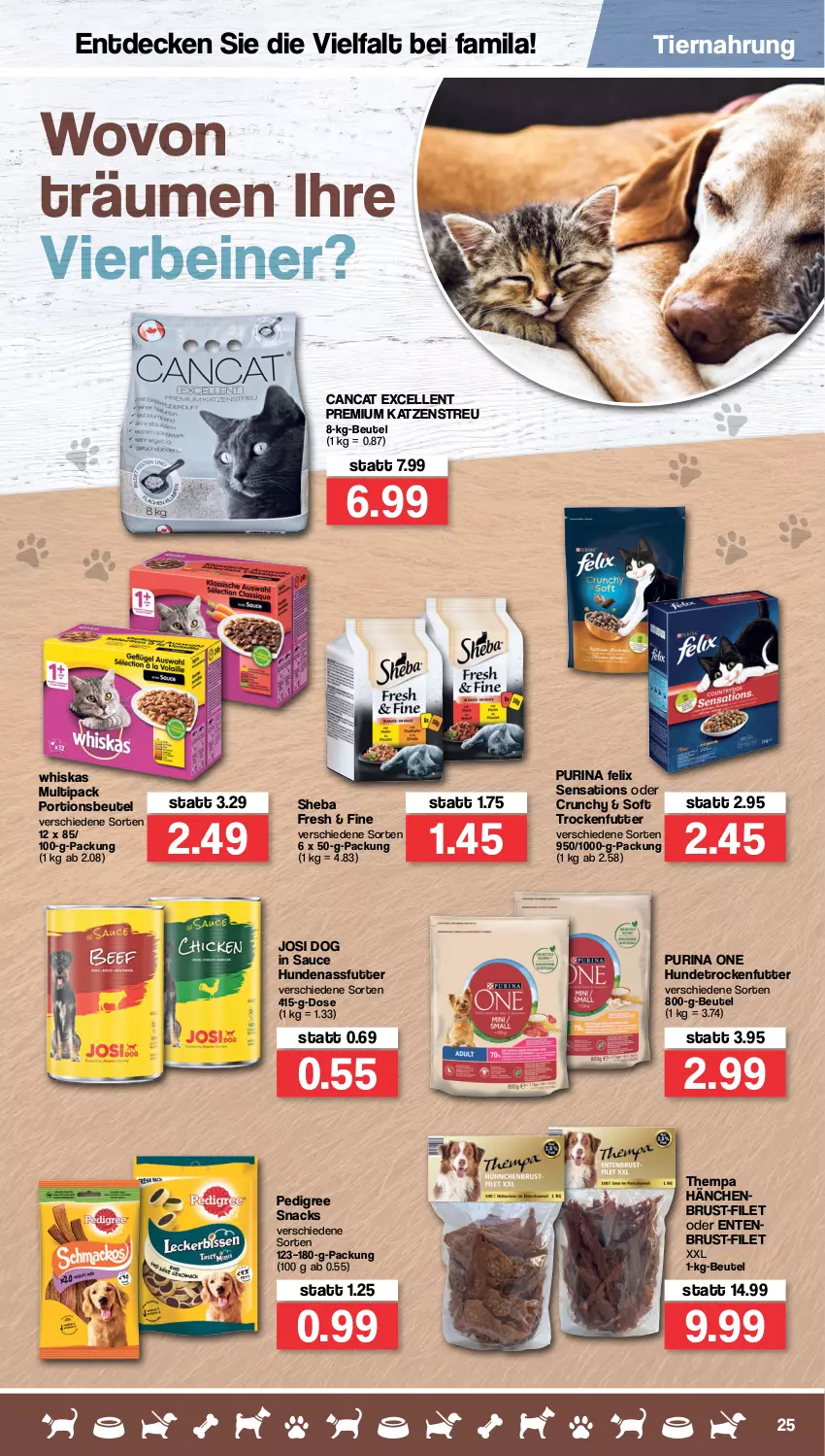 Aktueller Prospekt Famila - Prospekte - von 07.02 bis 12.02.2022 - strona 25 - produkty: beutel, decke, elle, ente, Entenbrust, felix, filet, Katzenstreu, nassfutter, pedigree, portionsbeutel, purina, sauce, sensations, sheba, snack, snacks, Ti, tiernahrung, trockenfutter, whiskas