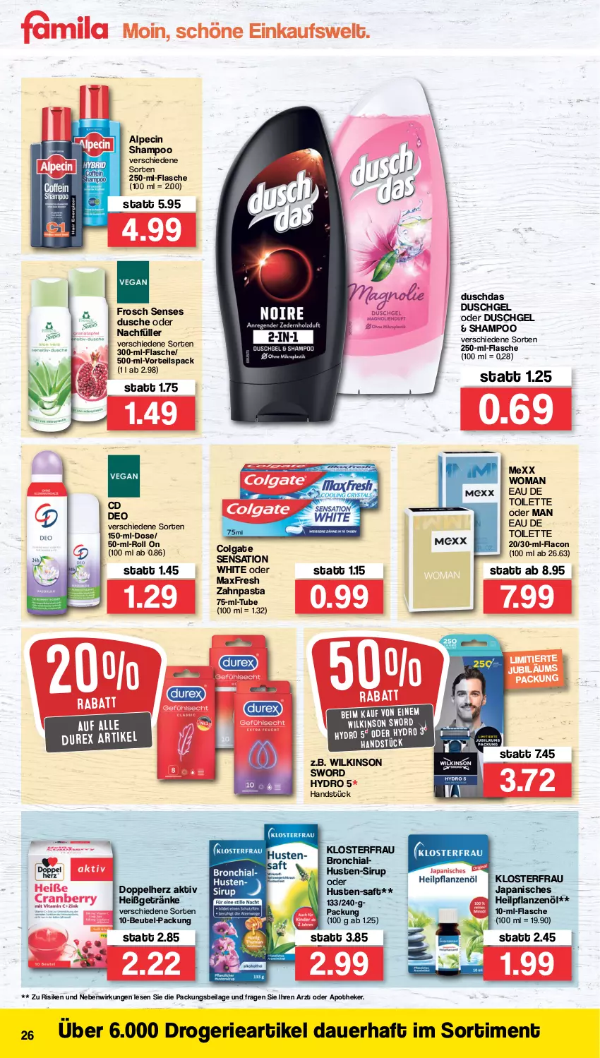 Aktueller Prospekt Famila - Prospekte - von 07.02 bis 12.02.2022 - strona 26 - produkty: alpecin, Apotheke, auer, beutel, chia, cin, colgate, deo, doppelherz, Durex, duschdas, dusche, duschgel, eau de toilette, flasche, Frosch, getränk, getränke, ilag, LG, Mexx, pasta, pflanze, pflanzen, Pflanzenöl, saft, shampoo, sirup, Ti, wilkinson, zahnpasta