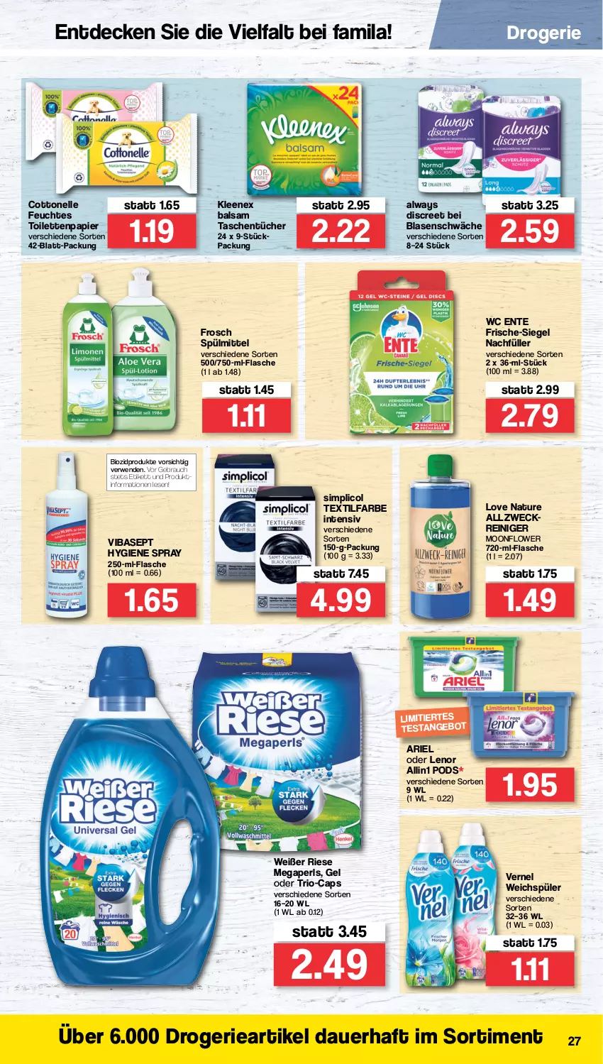 Aktueller Prospekt Famila - Prospekte - von 07.02 bis 12.02.2022 - strona 27 - produkty: allzweckreiniger, Alwa, Always, ariel, auer, balsam, bio, biozidprodukte, Cap, cottonelle, decke, Discreet, elle, ente, feuchtes toilettenpapier, flasche, Frosch, lenor, megaperls, natur, papier, Pods, Rauch, reiniger, rwe, sim, spülmittel, Tasche, taschen, taschentücher, Textilfarbe, Ti, toilettenpapier, tücher, vernel, wc ente, weck, weichspüler