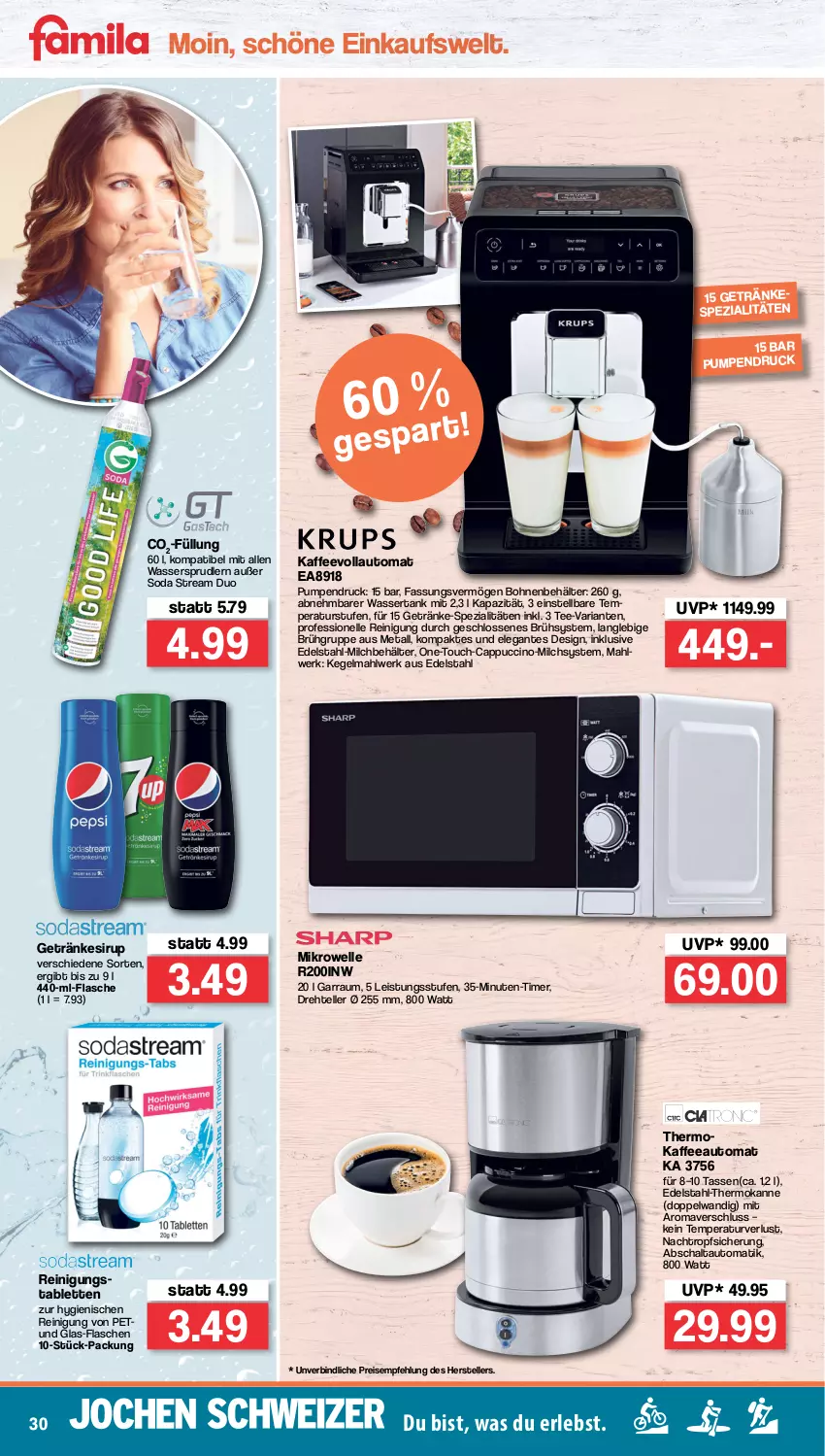 Aktueller Prospekt Famila - Prospekte - von 07.02 bis 12.02.2022 - strona 30 - produkty: auto, Behälter, bohne, bohnen, Cap, cappuccino, cin, edelstahl, eis, elle, flasche, garraum, getränk, getränke, getränkesirup, kaffee, kaffeeautomat, kaffeevollautomat, mikrowelle, milch, Reinigung, reis, Ria, Schal, sirup, Soda, Spezi, tablet, tablett, Tablette, tasse, tee, teller, Ti, timer, wasser, wassersprudler, wassertank