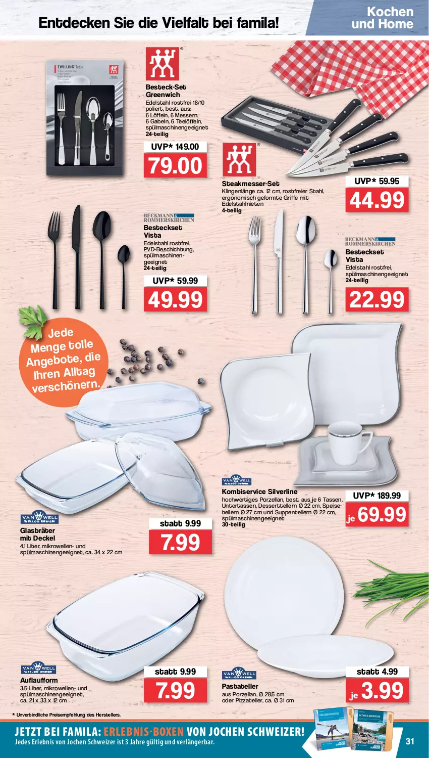 Aktueller Prospekt Famila - Prospekte - von 07.02 bis 12.02.2022 - strona 31 - produkty: angebot, angebote, besteck, besteck-set, besteckset, decke, Deckel, dessert, Dessertteller, edelstahl, eier, eis, elle, ente, gabel, Kombiservice, Löffel, messer, mikrowelle, pasta, pizza, reis, Speiseteller, spülmaschinen, steak, suppe, suppen, tasse, tee, teller, Ti