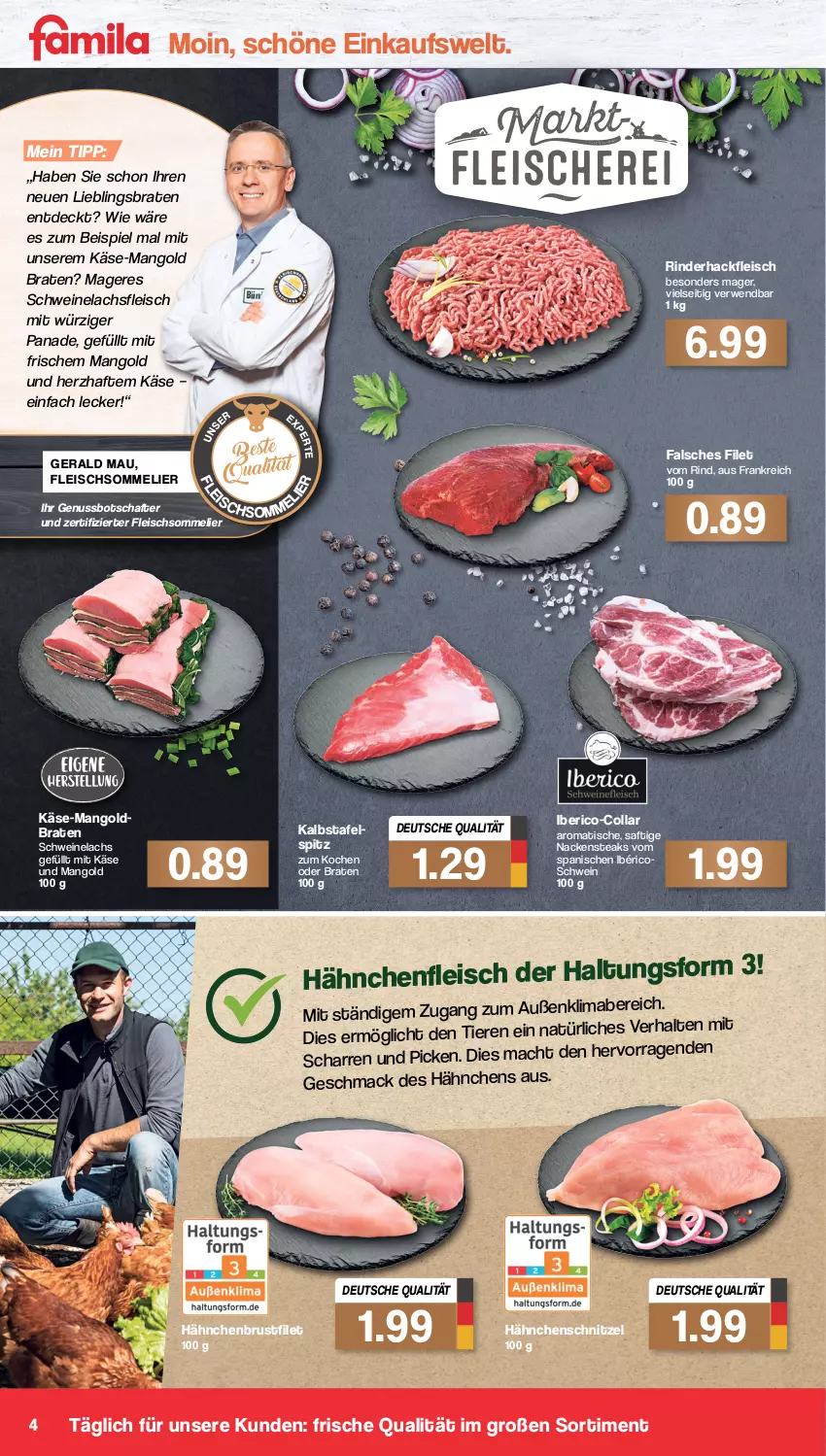 Aktueller Prospekt Famila - Prospekte - von 07.02 bis 12.02.2022 - strona 4 - produkty: braten, brustfilet, eis, Falsches Filet, filet, fleisch, fleischsommelier, hackfleisch, hähnchenbrust, hähnchenbrustfilet, Hähnchenfleisch, Hähnchenschnitzel, Käse, lachs, mab, mac, mango, Nackensteak, nackensteaks, nuss, rind, rinder, rinderhackfleisch, rwe, saft, schnitzel, schwein, schweine, Schweinelachs, steak, steaks, tafelspitz, Ti, Tiere, tisch, wein, weine